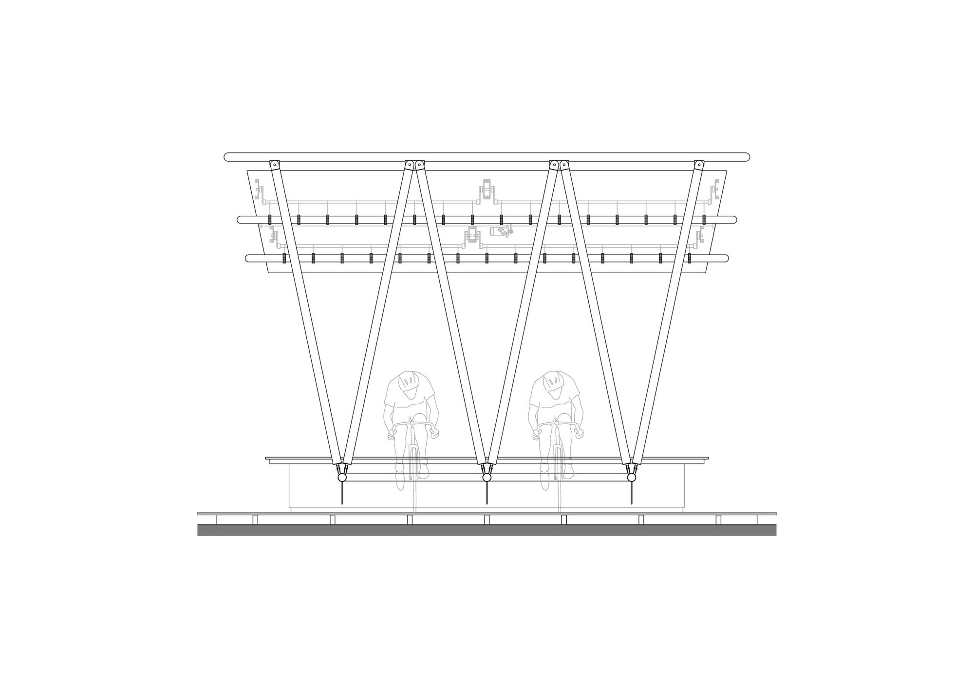 Section drawing illustrating a canopy structure with angled supports and two seated figures beneath