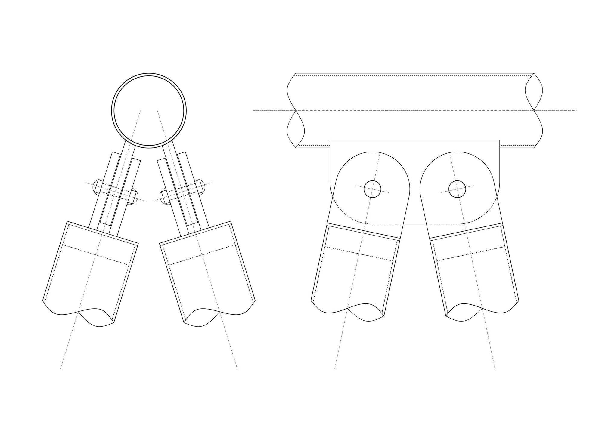 Axonometric drawing showing two variations of cylindrical leg assemblies with circular and roller connections