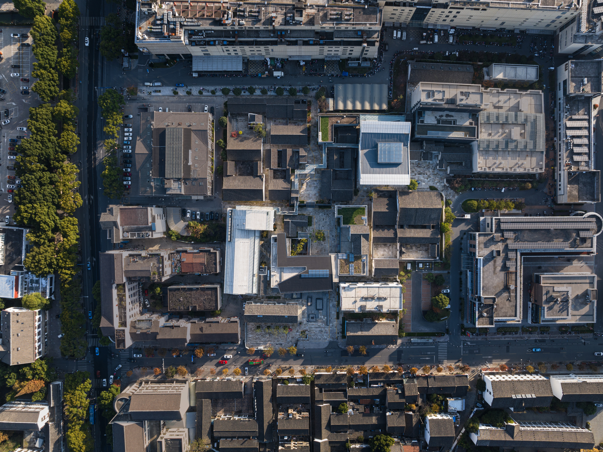 Aerial view of flat rooftops with scattered rooftop gardens in a dense urban block