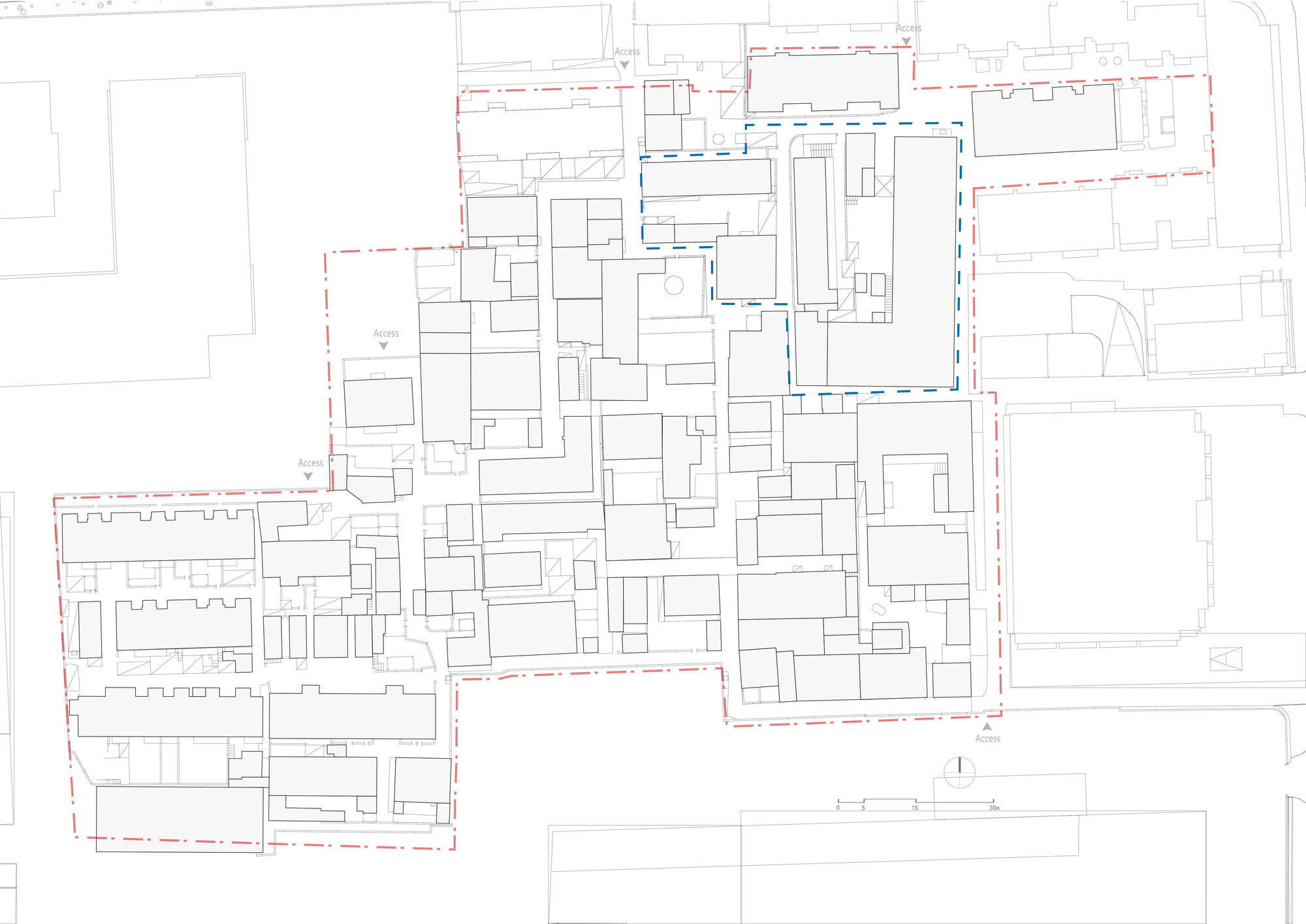 Site plan drawing showing multiple building footprints with dashed intervention boundaries on an urban block