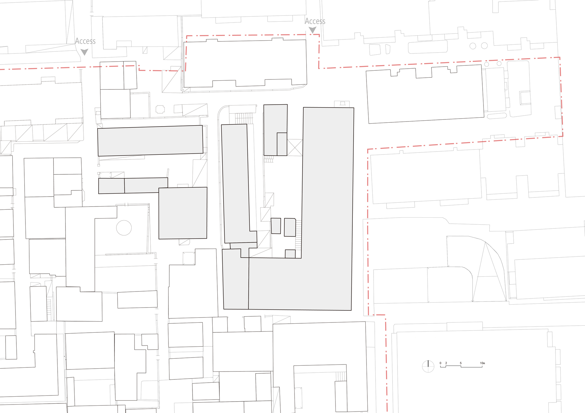 Site plan drawing showing the existing urban block with surrounding streets and building footprints