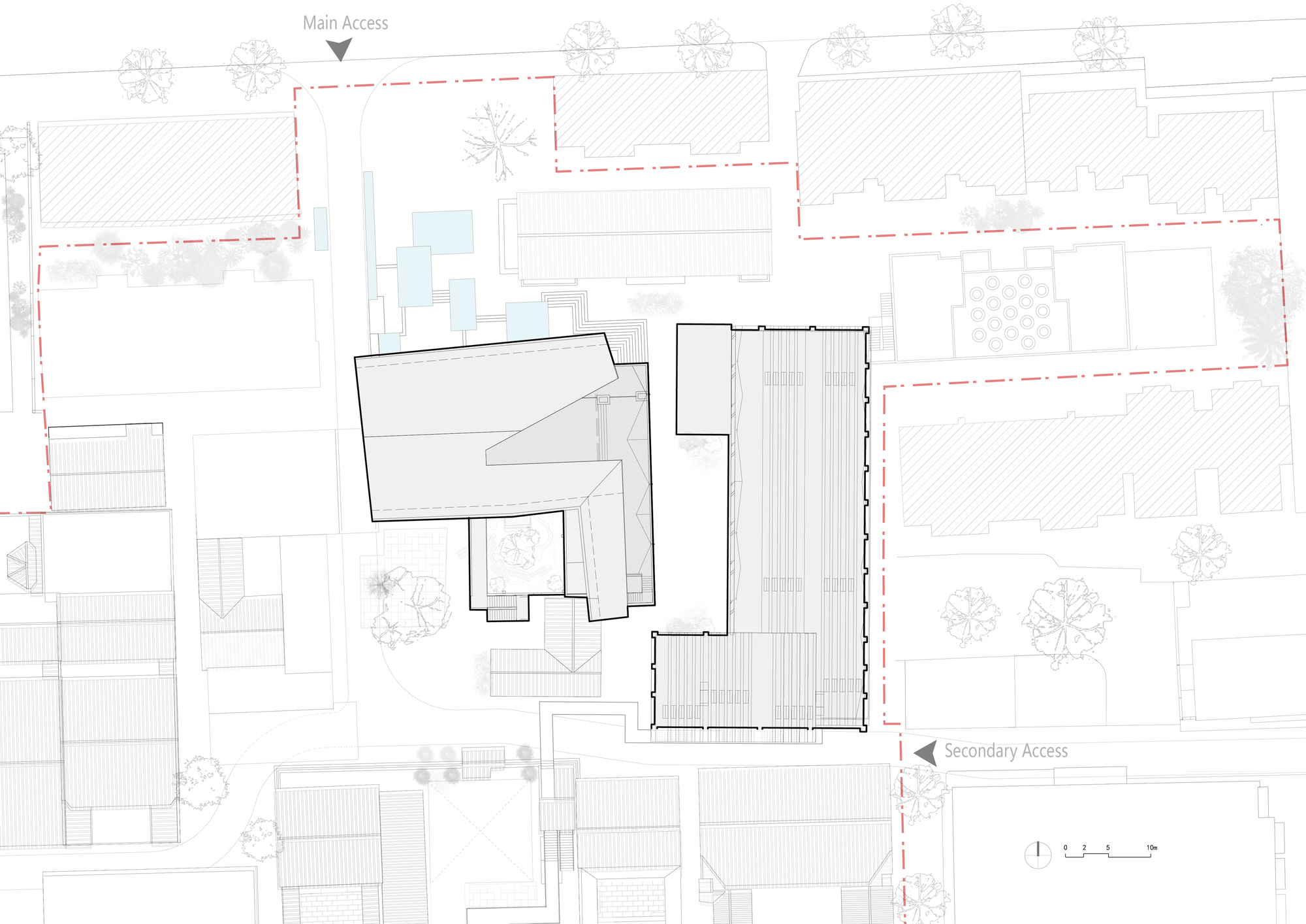 Site plan drawing showing proposed building volumes with adjacent courtyard spaces and tree locations