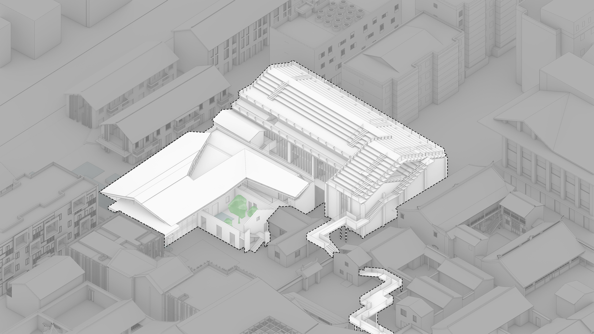 Axonometric view highlighting a central courtyard with a small green space between building volumes