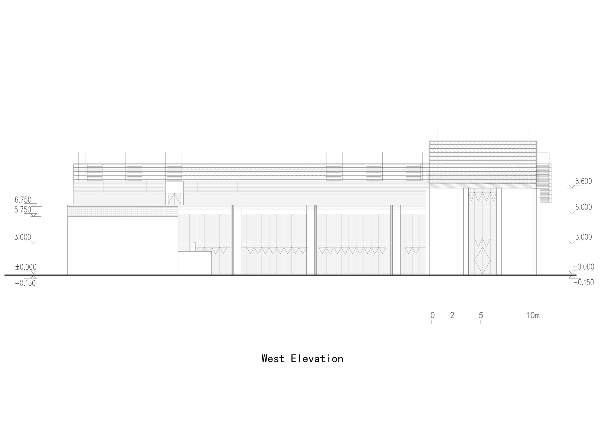 West elevation drawing illustrating a low horizontal building with stepped roof and vertical panel infill