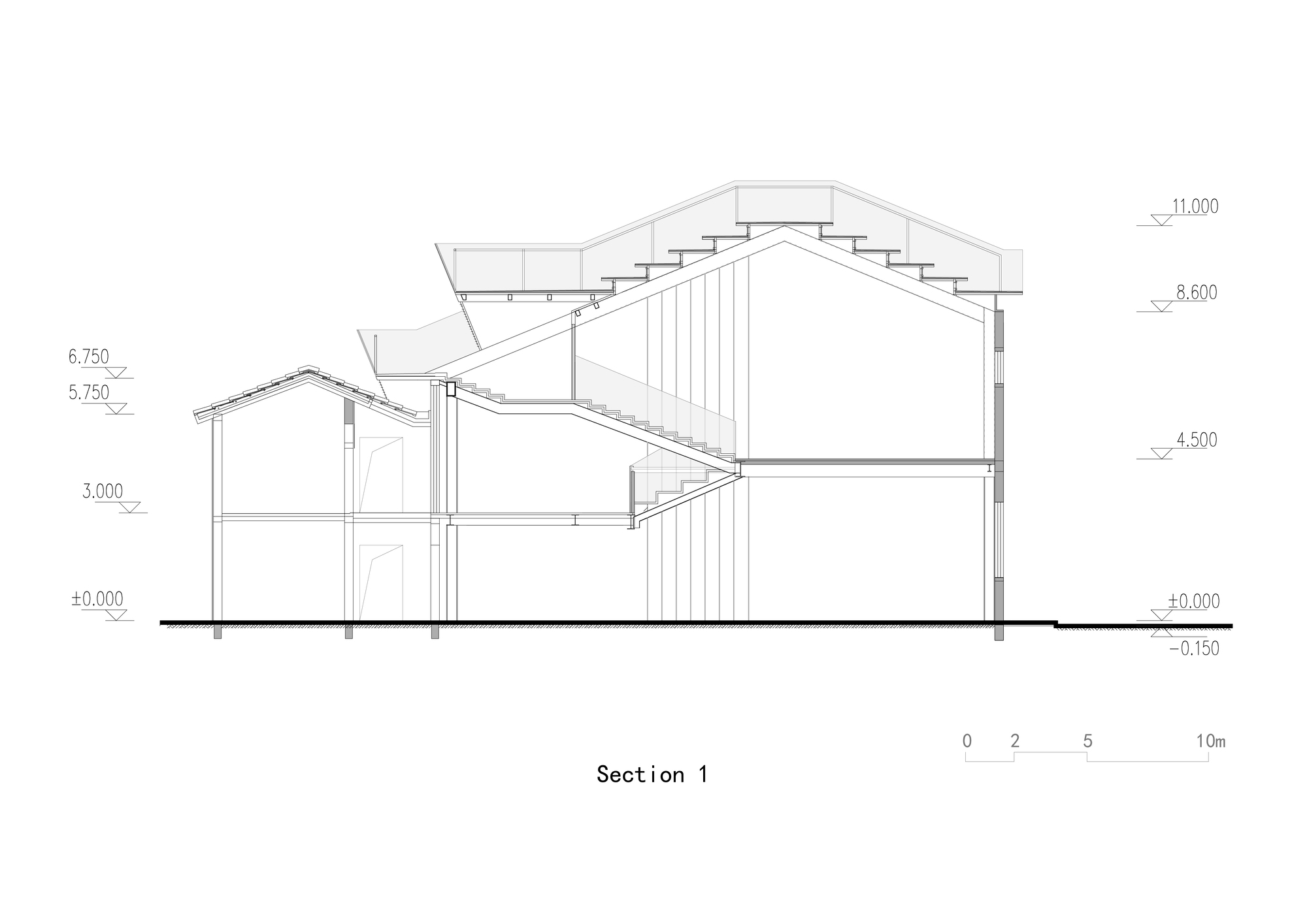 Section drawing showing a gabled roof structure with internal staircase and split-level floor heights