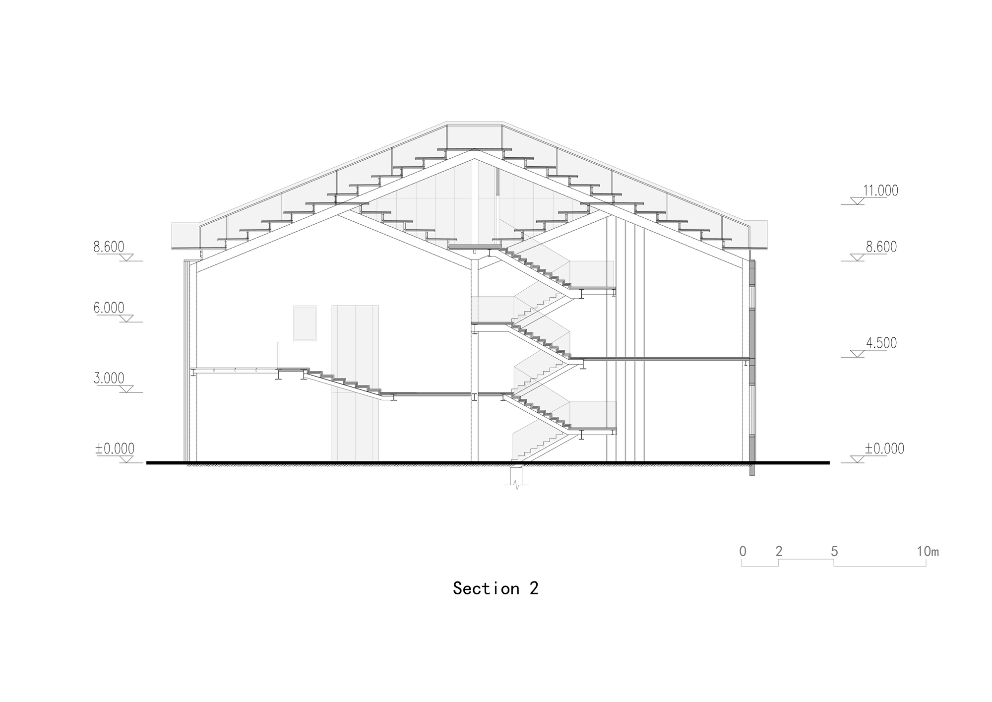 Section drawing revealing a symmetrical pitched roof with central stairwell and vertical circulation core