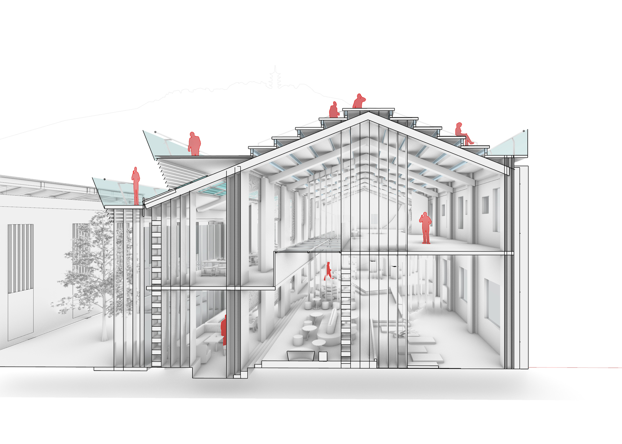 Section perspective drawing revealing interior spaces across three levels with red human figures