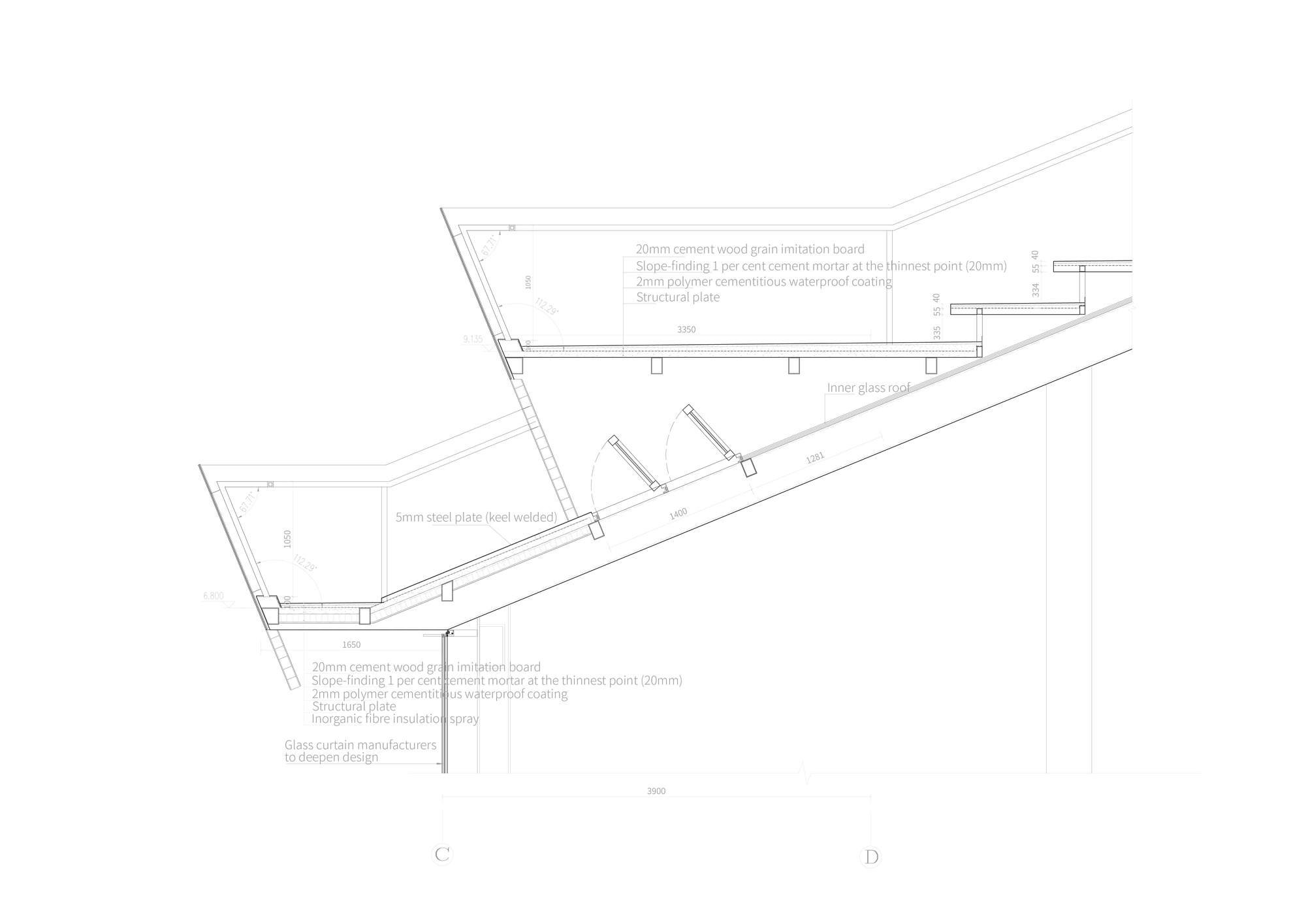 Construction detail section showing angled roof assembly with insulation board and structural plate layers