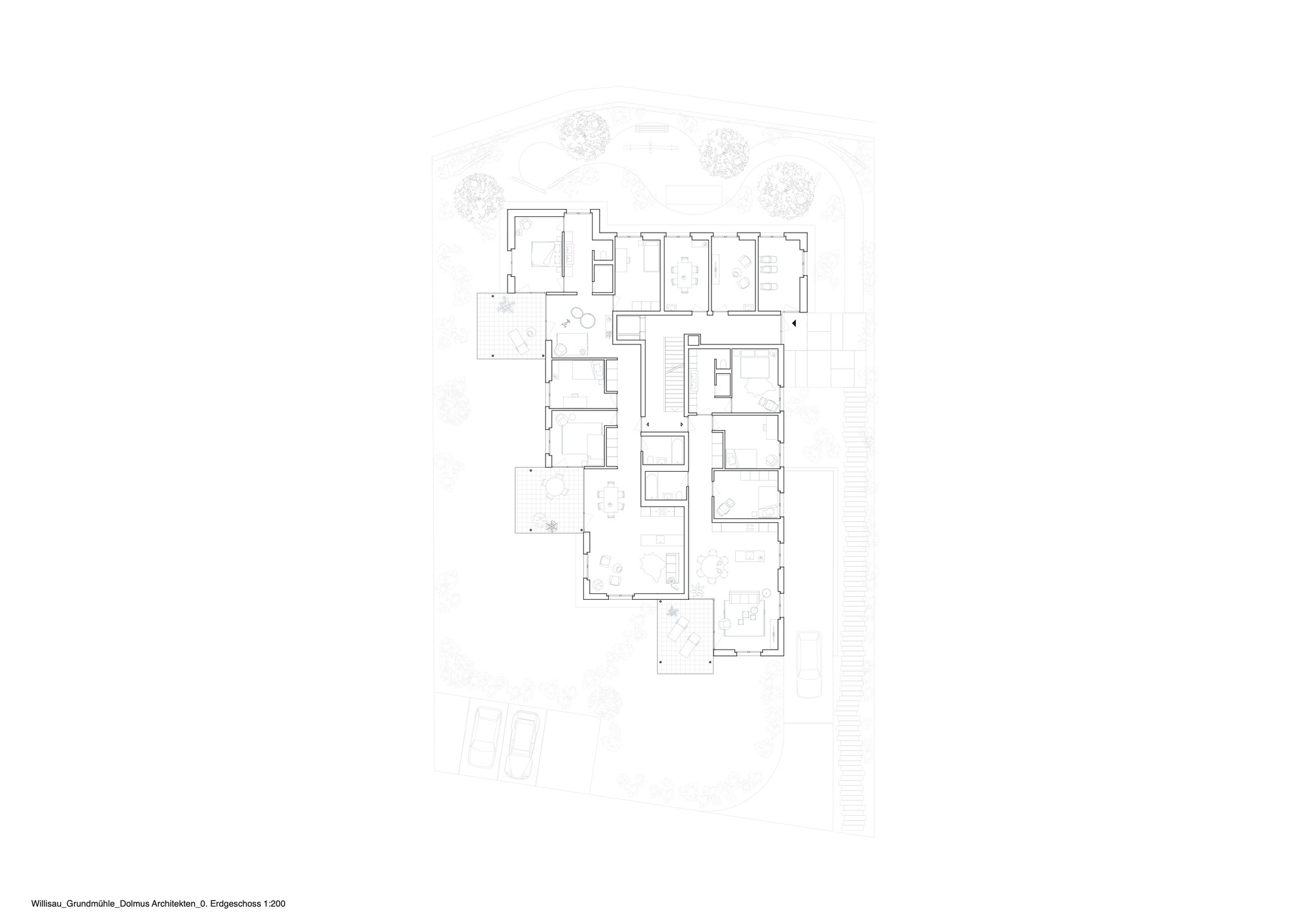 Ground floor plan drawing showing interconnected rooms around a central staircase with trees above