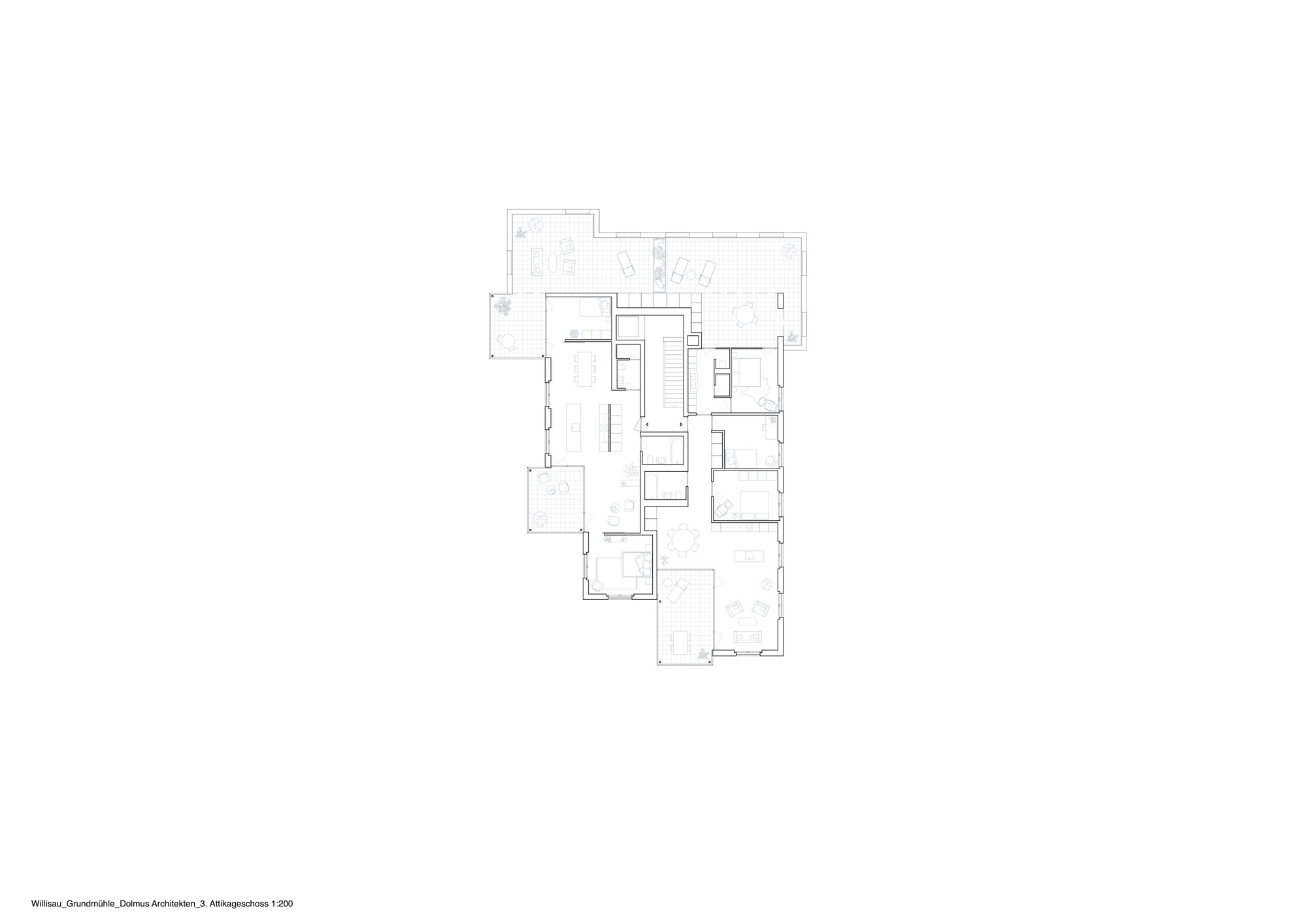 Second floor plan drawing showing residential units with a staircase at the center