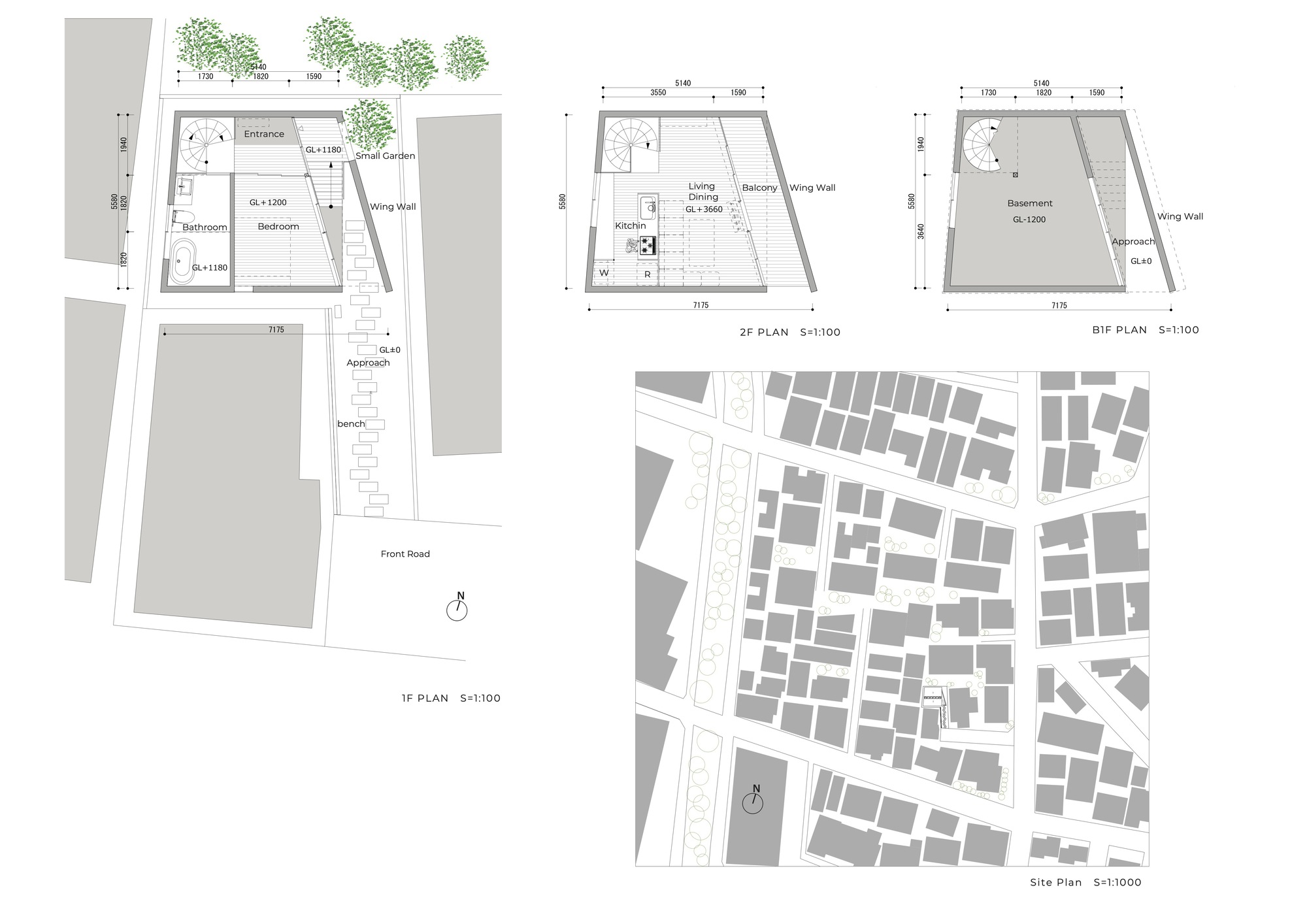 Floor plan drawings showing site context, ground floor, second floor and third floor layouts with courtyard