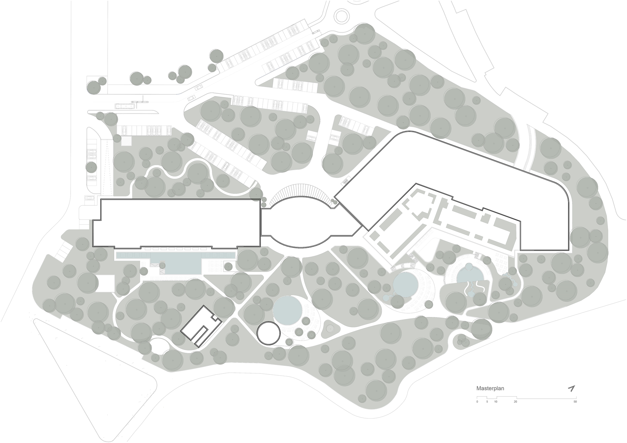 Site plan drawing showing building footprints surrounded by tree canopies and landscaped pathways