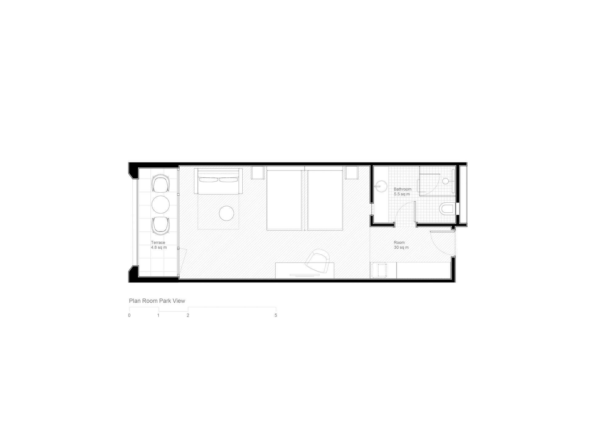Floor plan drawing of a hotel room with terrace, sleeping area, and bathroom