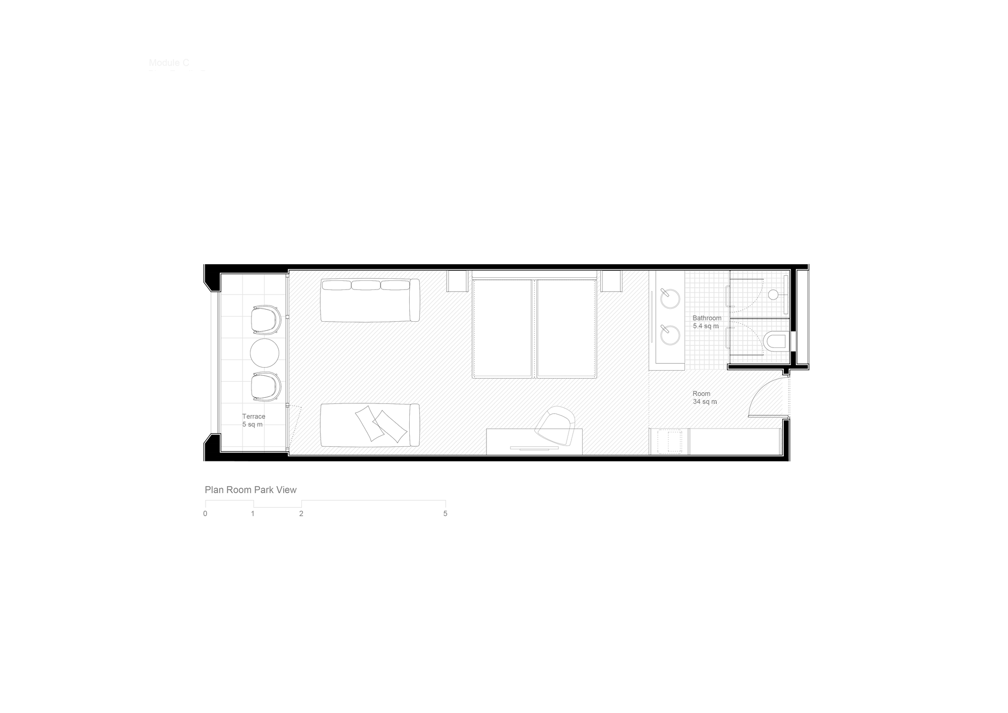Floor plan drawing of a hotel room with terrace, sleeping area, and bathroom