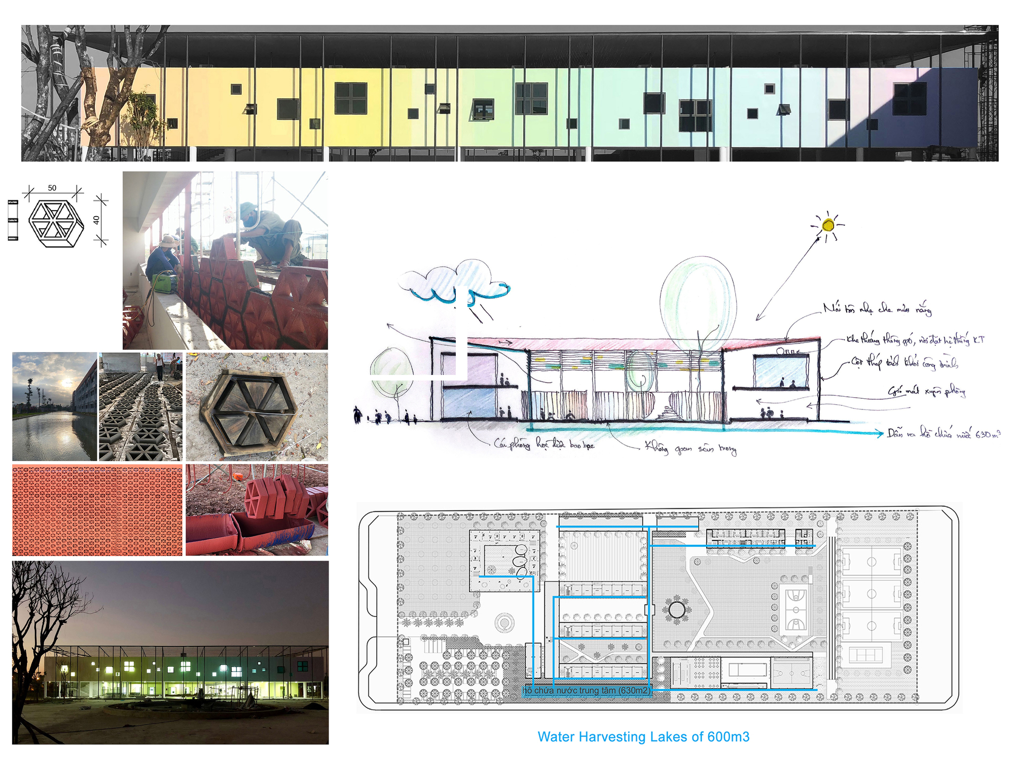 Presentation board showing section drawing, site plan, material samples and photographs of construction process