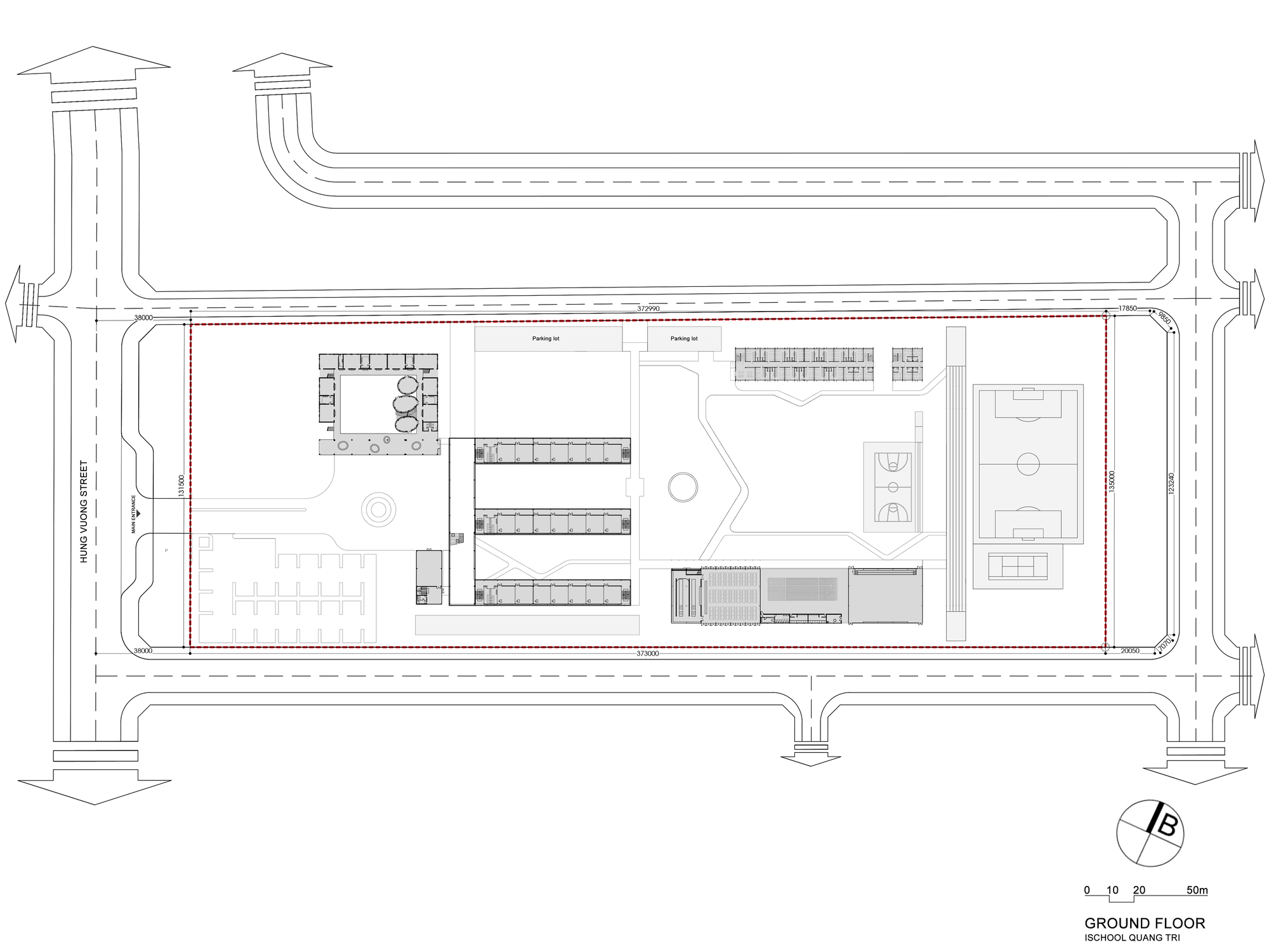 Ground floor plan showing parking area, interior courtyard and adjacent outdoor basketball court