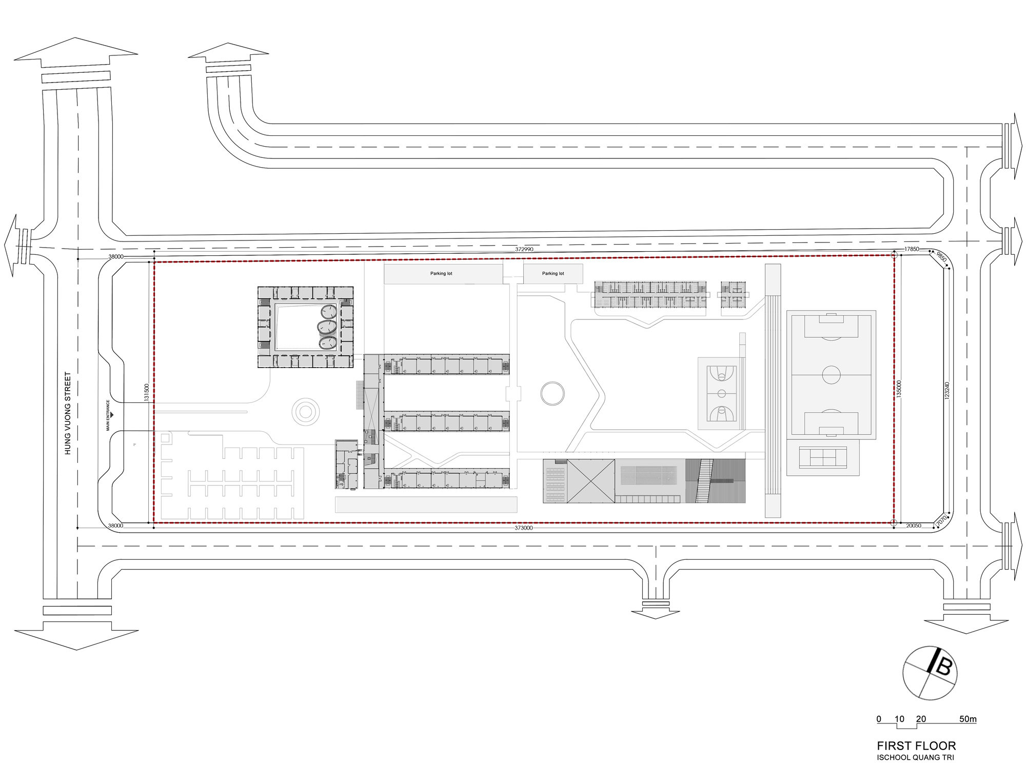 First floor plan with central courtyard, linear classroom wings and eastern sports hall