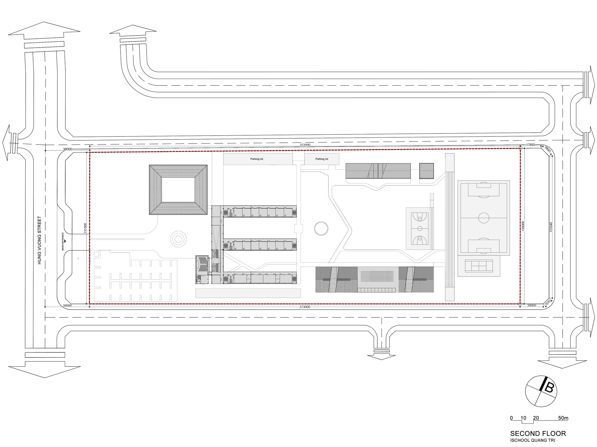 Second floor plan showing central void, offset classroom bars and rooftop terrace areas