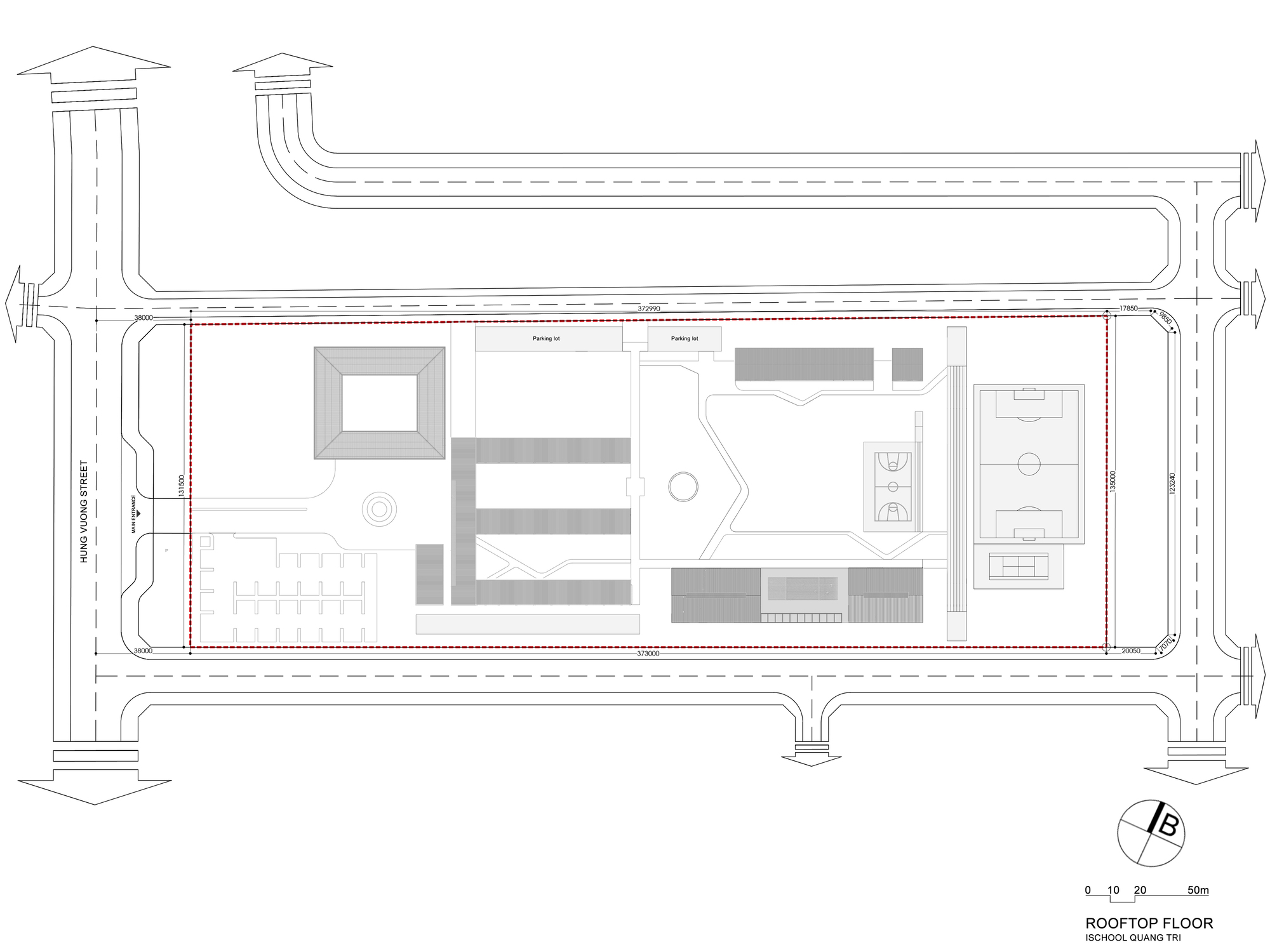 Rooftop floor plan with central void and scattered terrace zones across the building