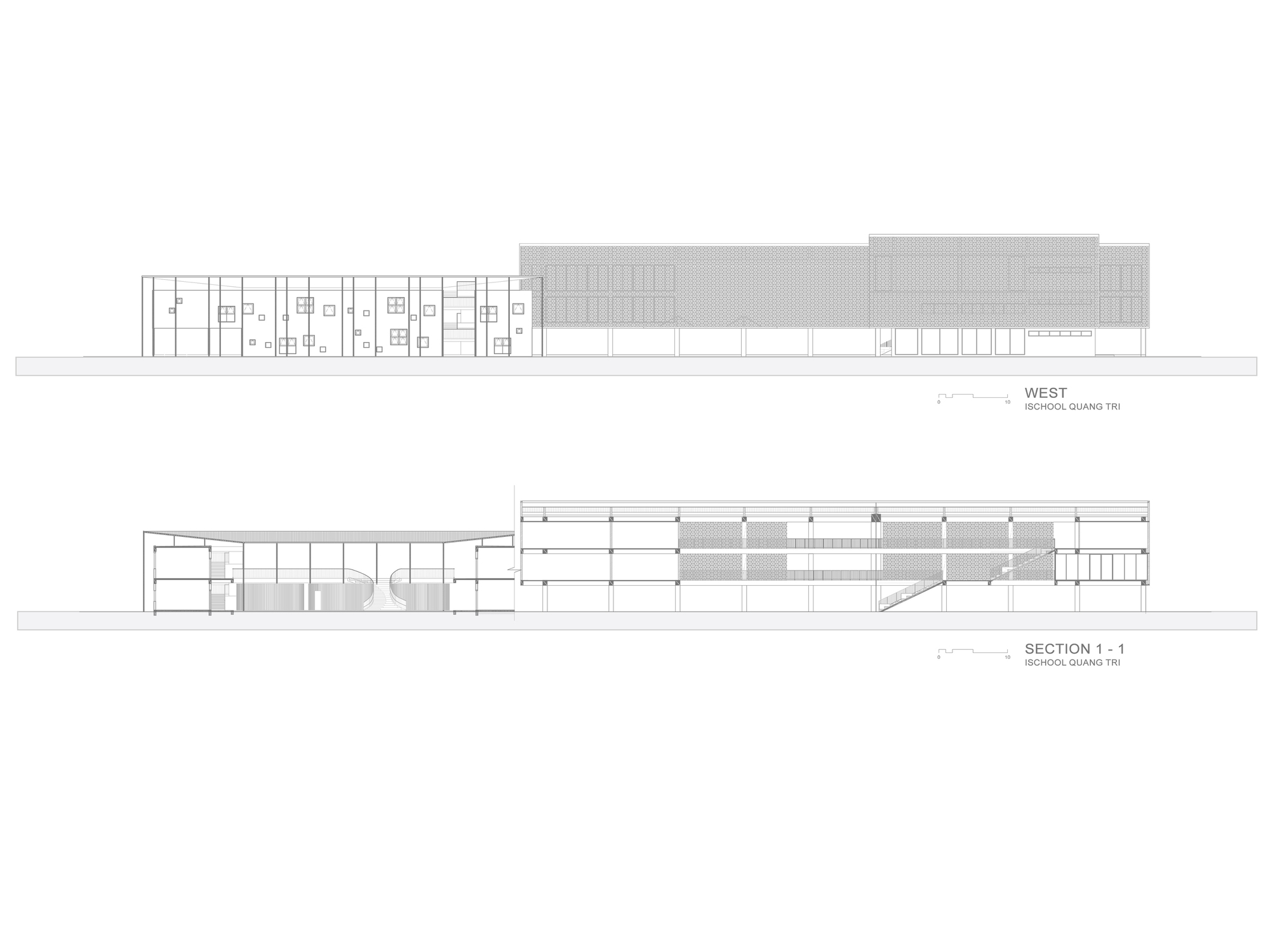 West elevation and longitudinal section showing the sloping roof over the main hall