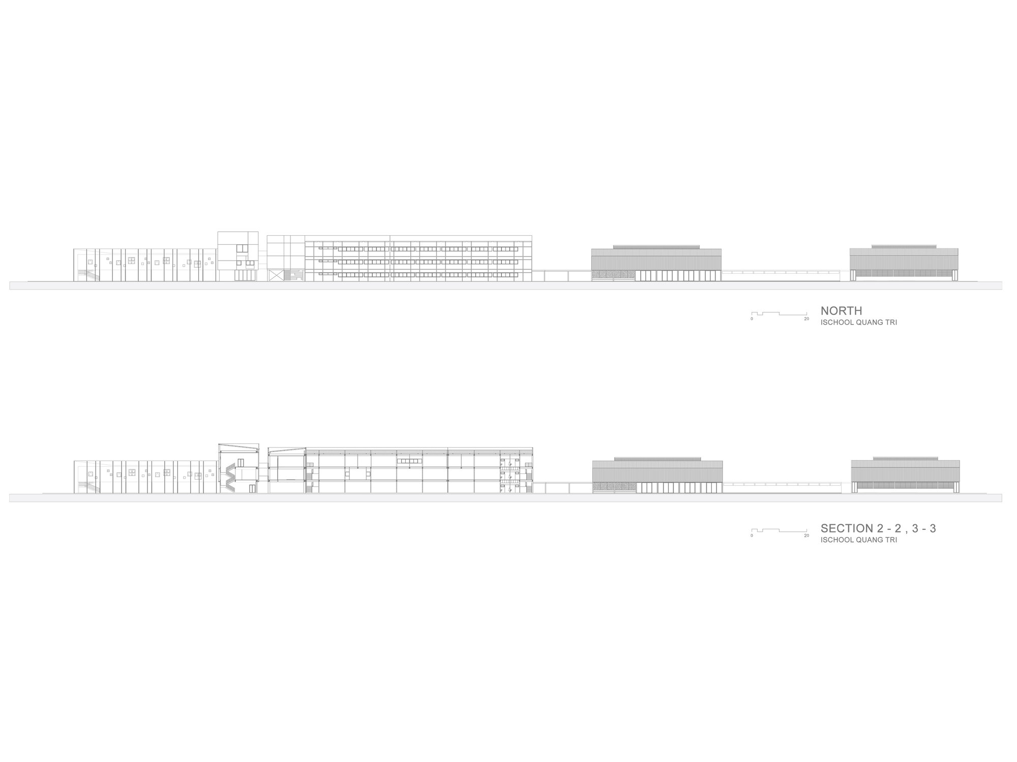 North elevation and transverse sections displaying the linear classroom block and separate sports facilities
