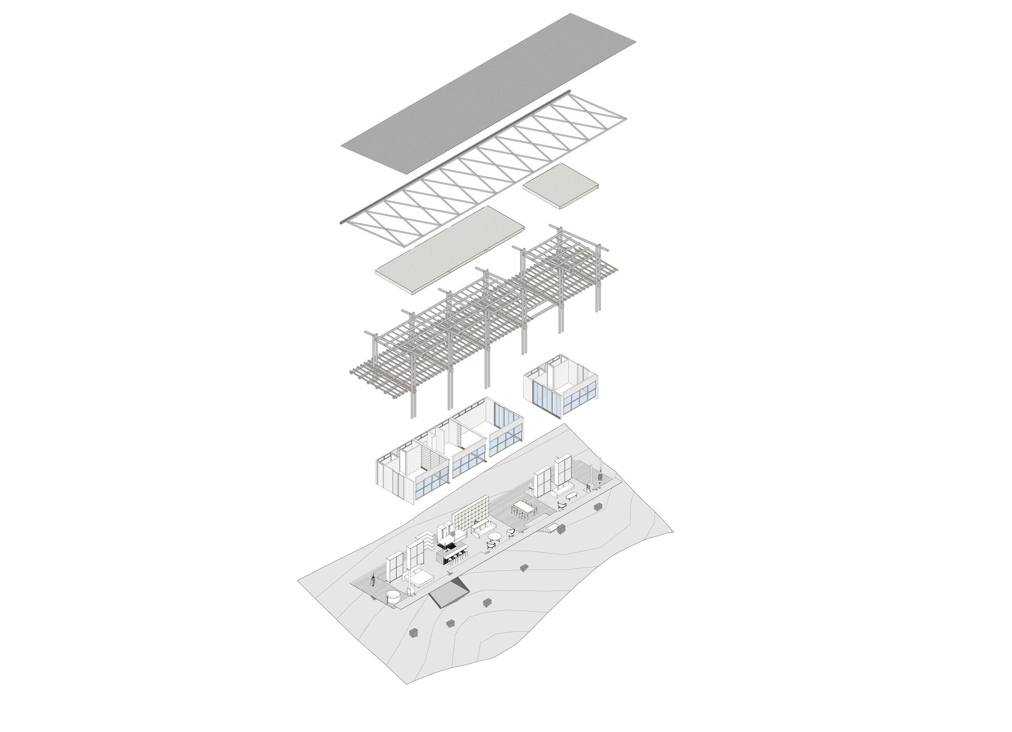 Exploded axonometric drawing showing roof layers, truss structure, walls and floor plan