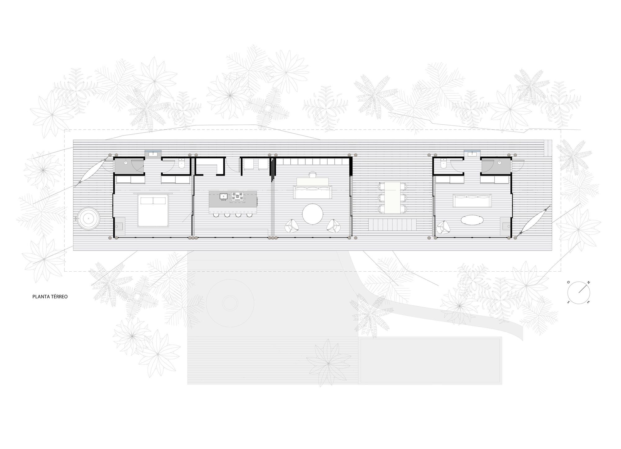 Ground floor plan showing linear arrangement of bedrooms, living spaces and terraces with surrounding vegetation