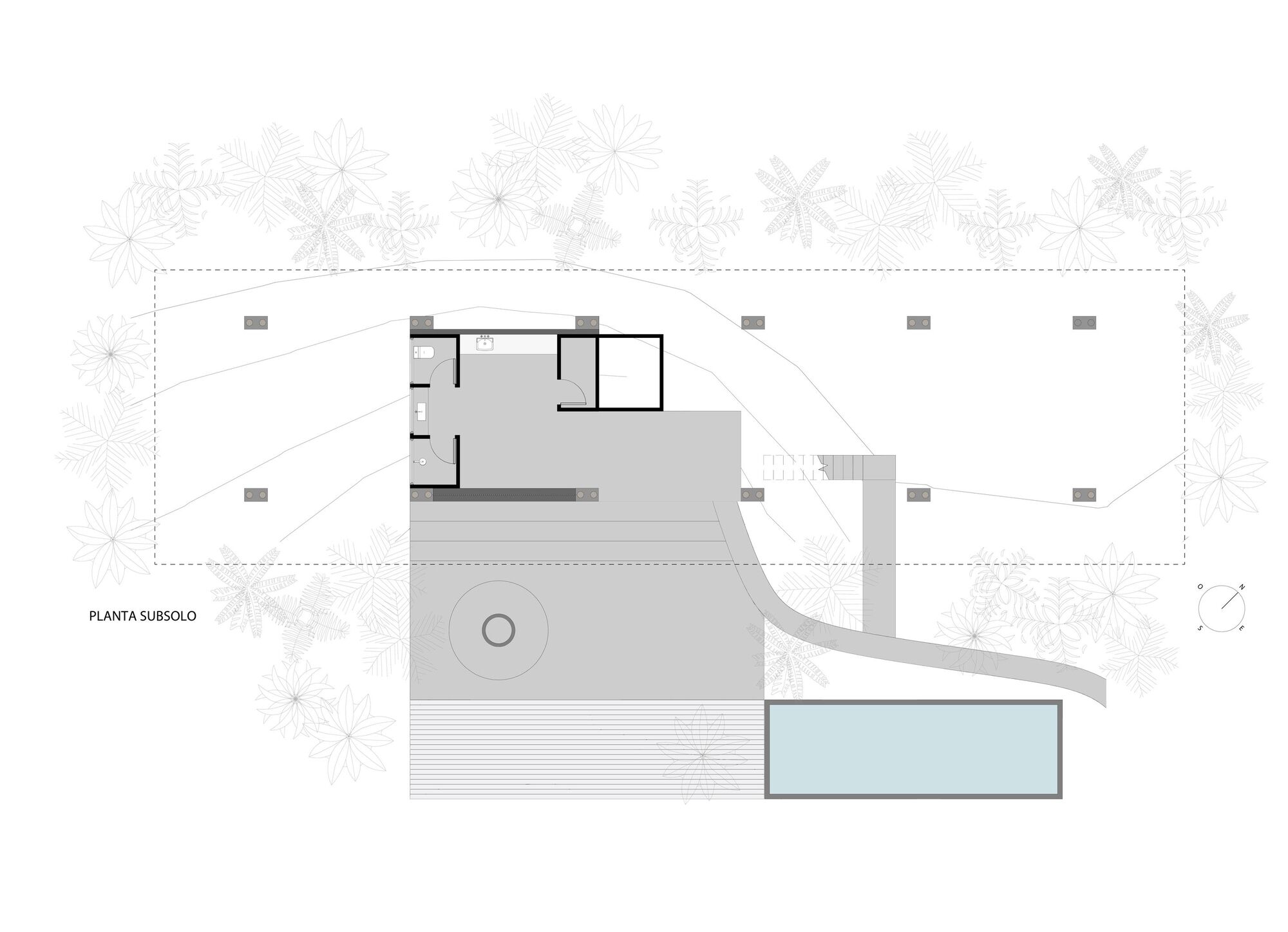 Basement level plan depicting pool, circular feature and lower living areas beneath planted upper terrace