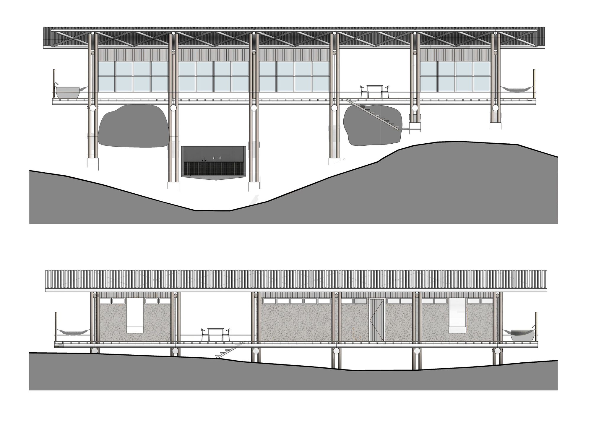 Elevation drawings showing timber column structure, clerestory glazing and overhanging roof on hillside site