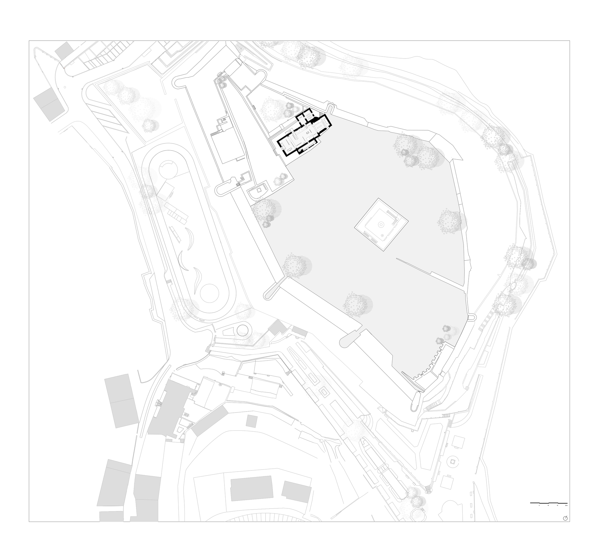 Site plan drawing showing an irregularly shaped precinct with buildings, courtyards, trees and curving pathways