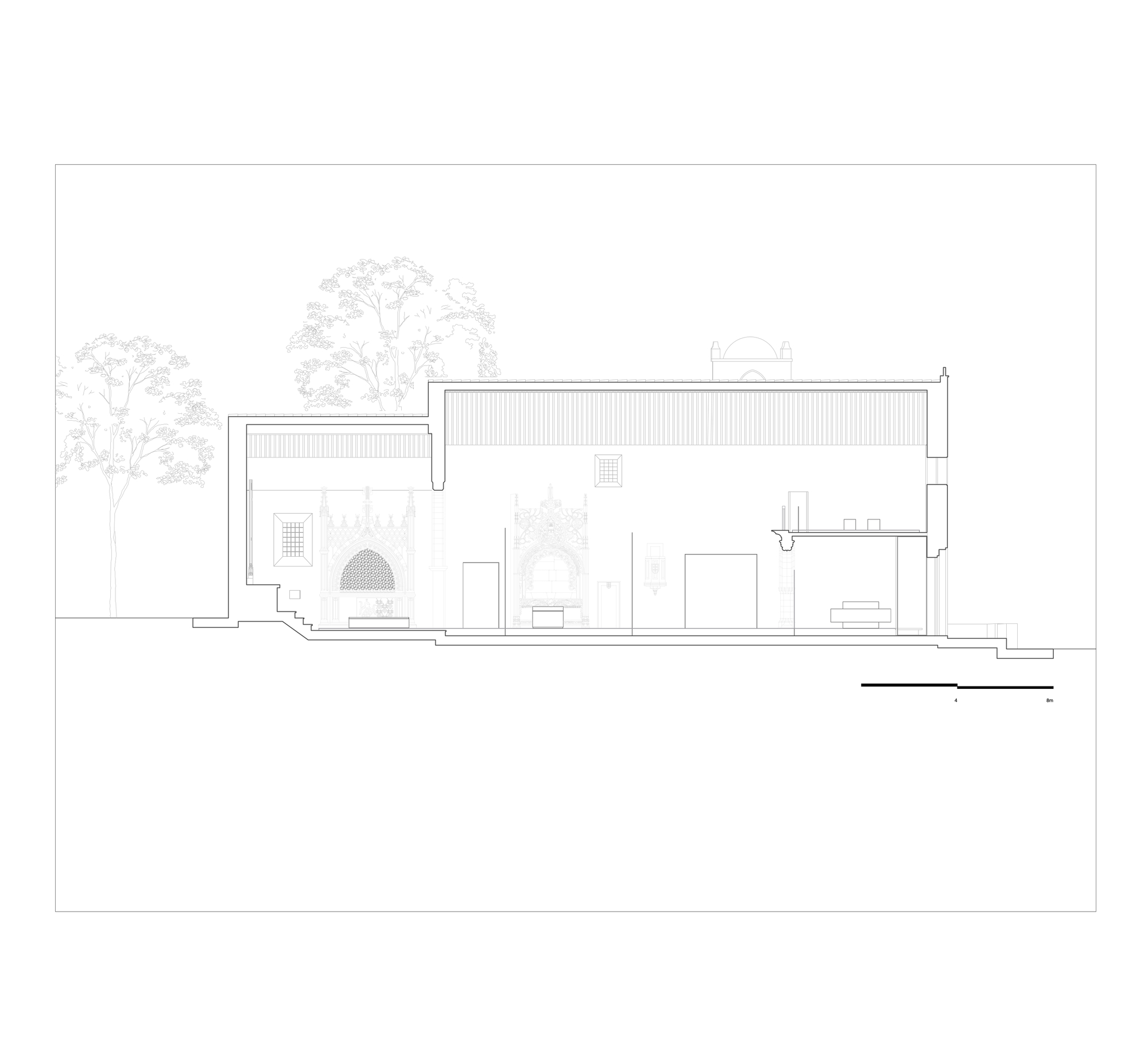 Elevation drawing depicting a cluster of volumes with corrugated roofing and surrounding vegetation