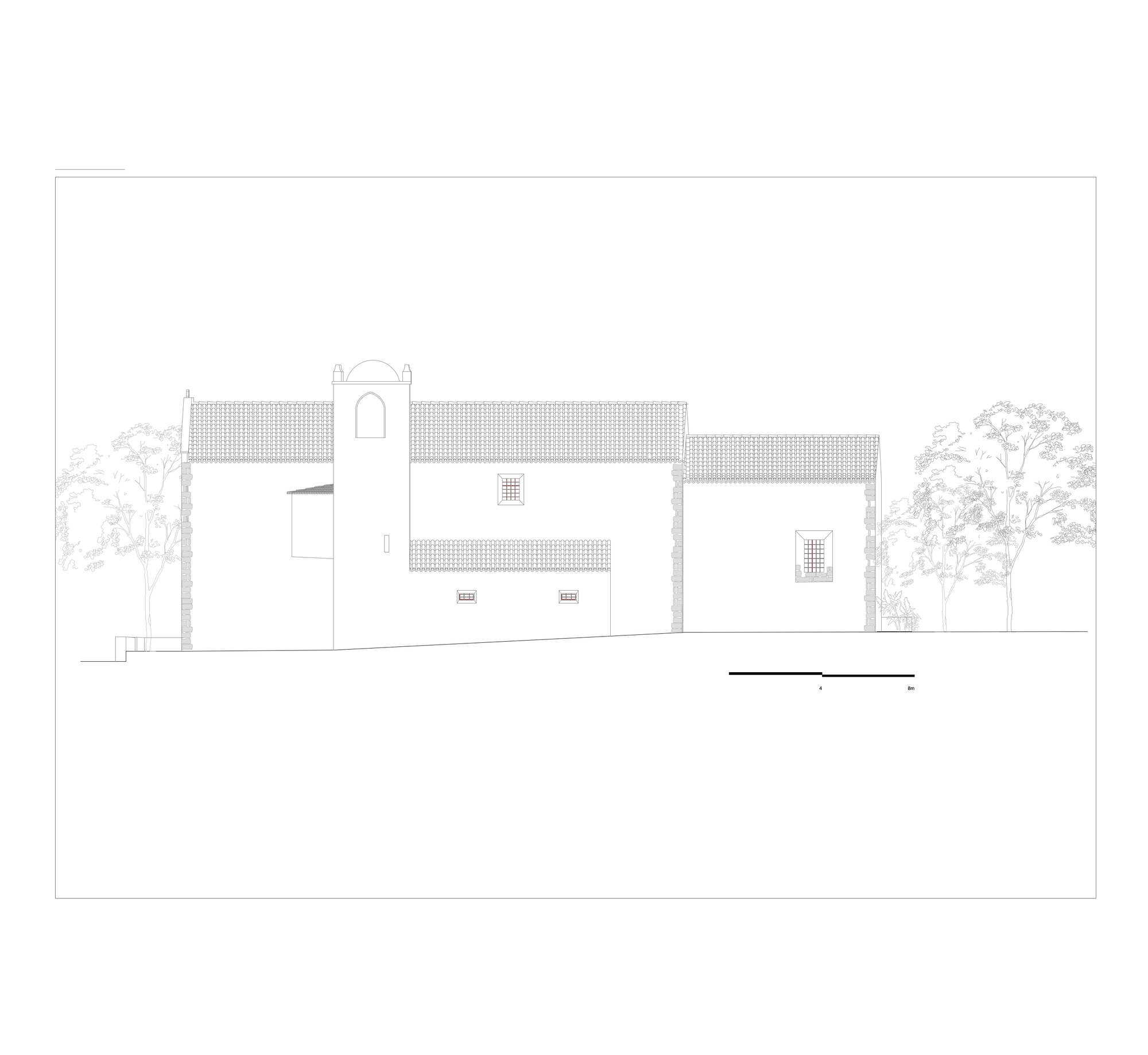 Elevation drawing showing a tiled roof residence with a central tower flanked by trees
