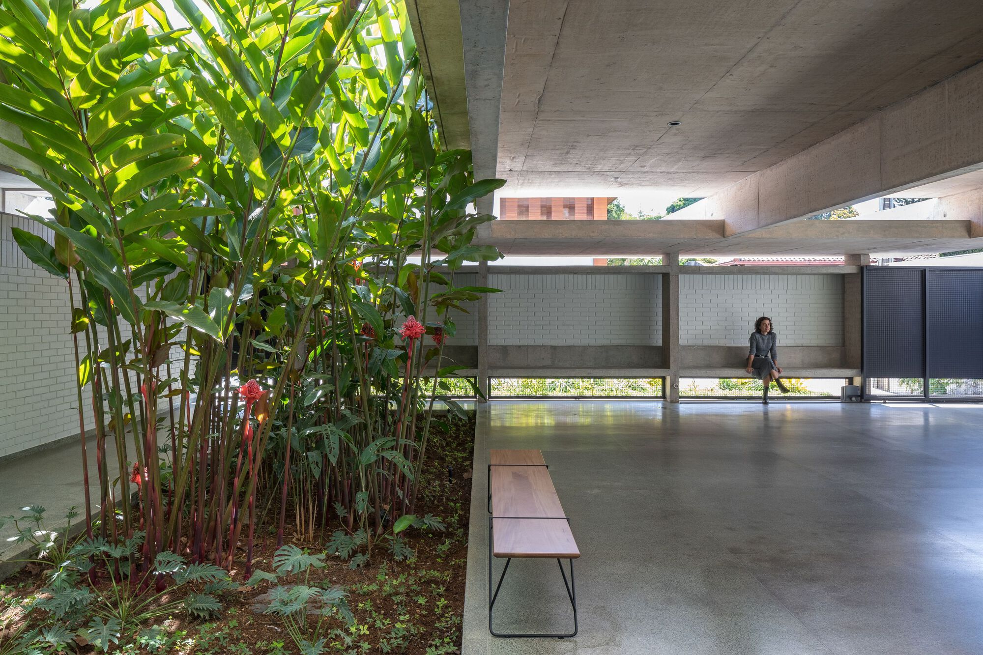 Covered passage with planted bed of palms beside polished concrete floor and a person standing near screened openings