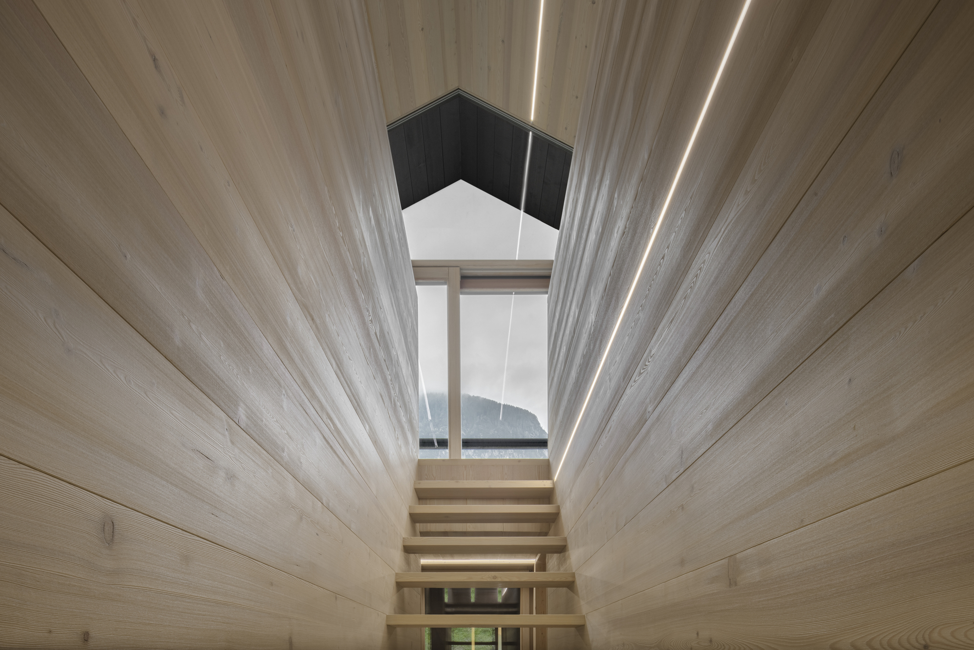 Timber staircase rising toward a pentagonal skylight framed by horizontal plank walls