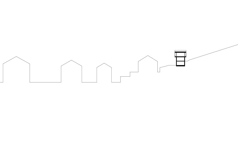 Section drawing showing a two-story volume elevated on a sloping site among neighboring gabled rooflines