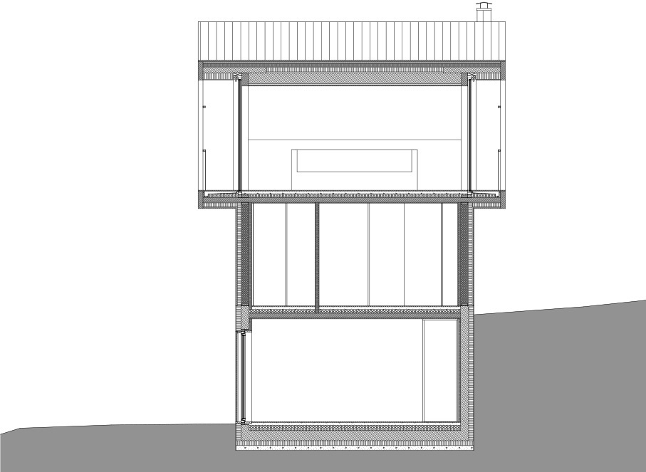 Section drawing revealing three stacked levels with slatted roof deck and cutaway terrain on slope