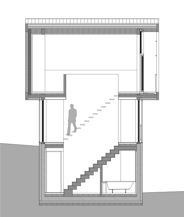 Section drawing showing a three-story volume with a central staircase and a figure ascending the stairs