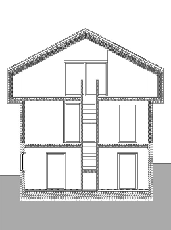 Section drawing showing the gabled house with three levels of rooms and a continuous vertical staircase