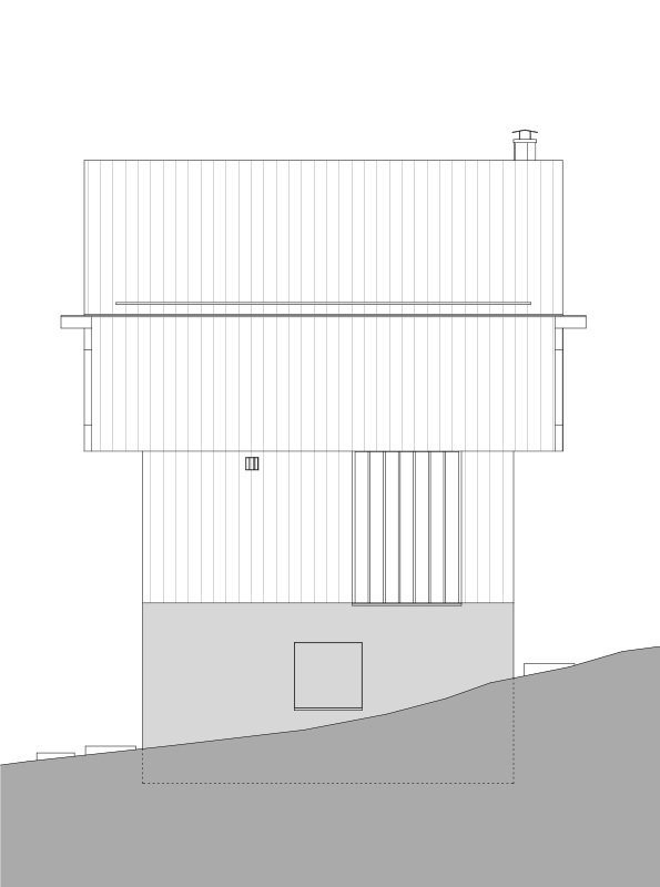Elevation drawing showing the rear facade with vertical cladding and projecting roof eaves