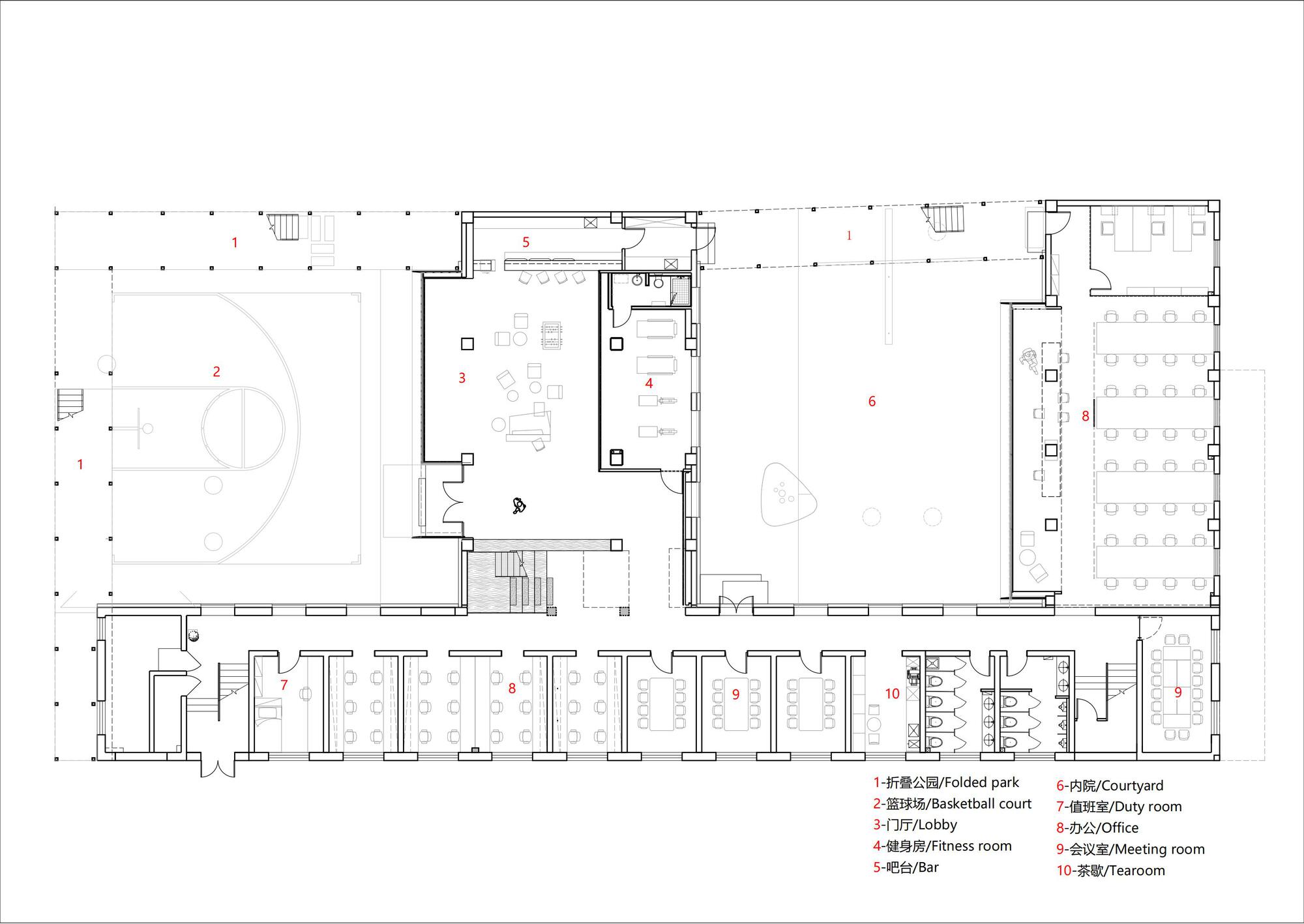 Floor plan drawing showing rooftop amenities including basketball court, fitness room, and meeting spaces