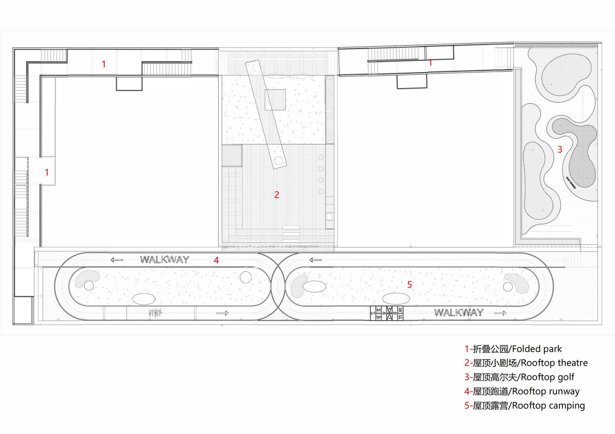 Roof plan drawing showing curved walkways with organic planted areas and a rooftop theater space