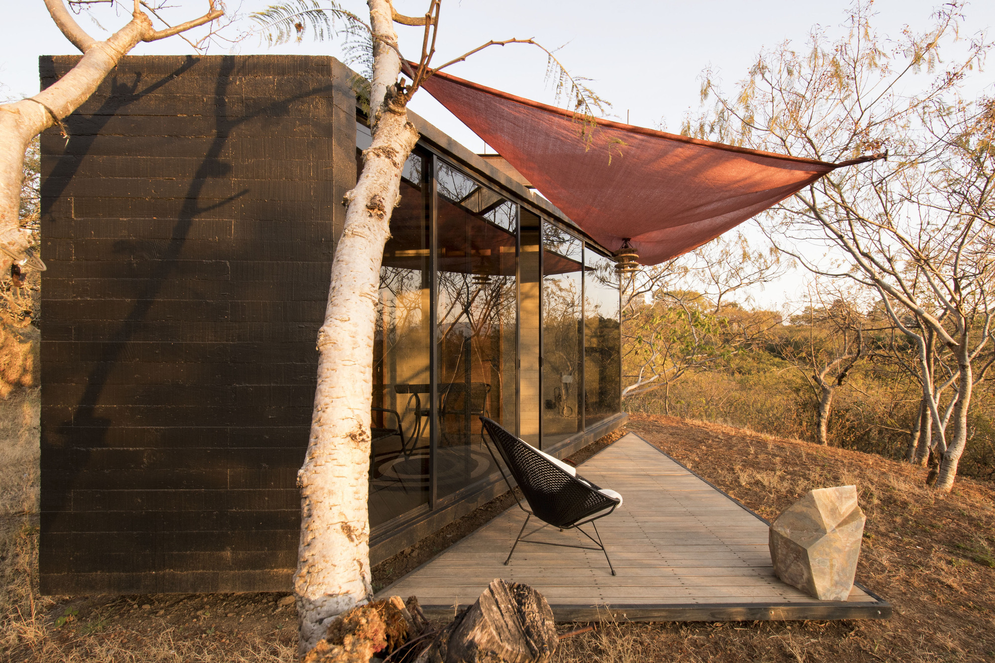 Glass-walled volume with timber deck and tensioned fabric canopy framed by bare birch trees