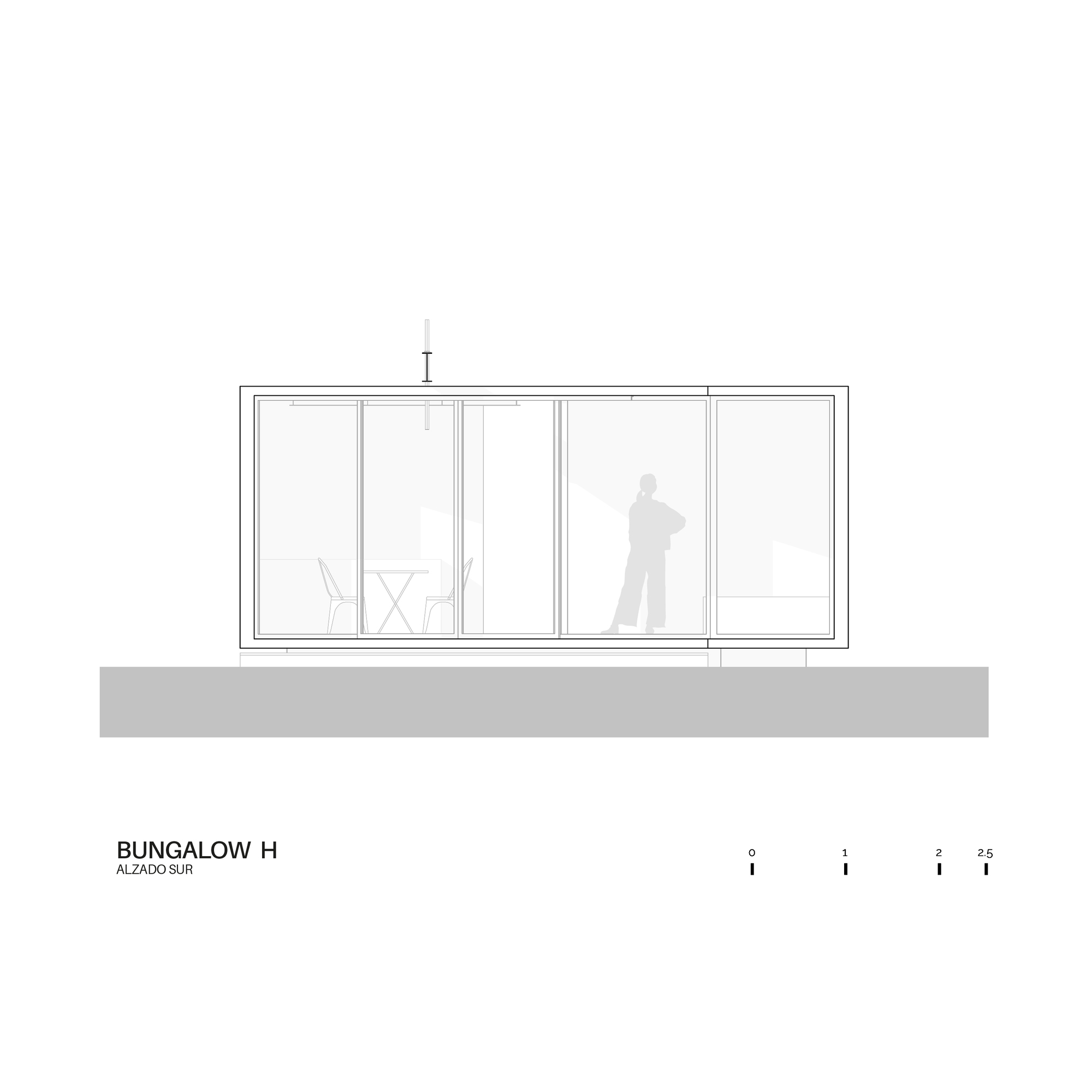 Elevation drawing showing full-width glazed facade with sliding panels and figure for scale