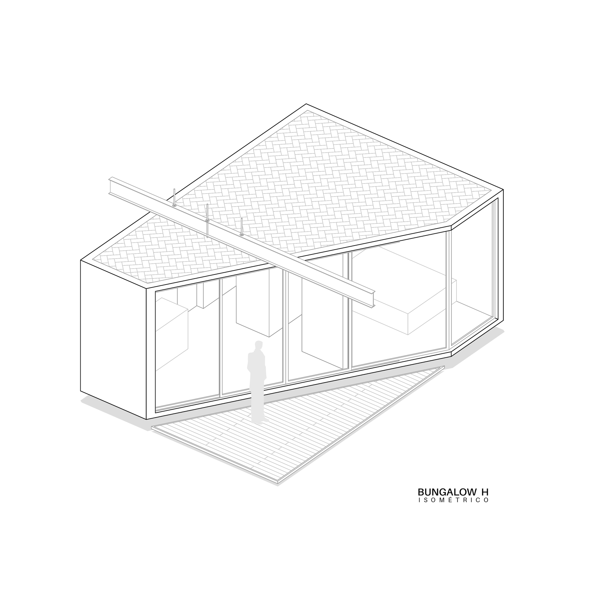 Isometric drawing showing two gabled volumes connected by a deck and crossing beams