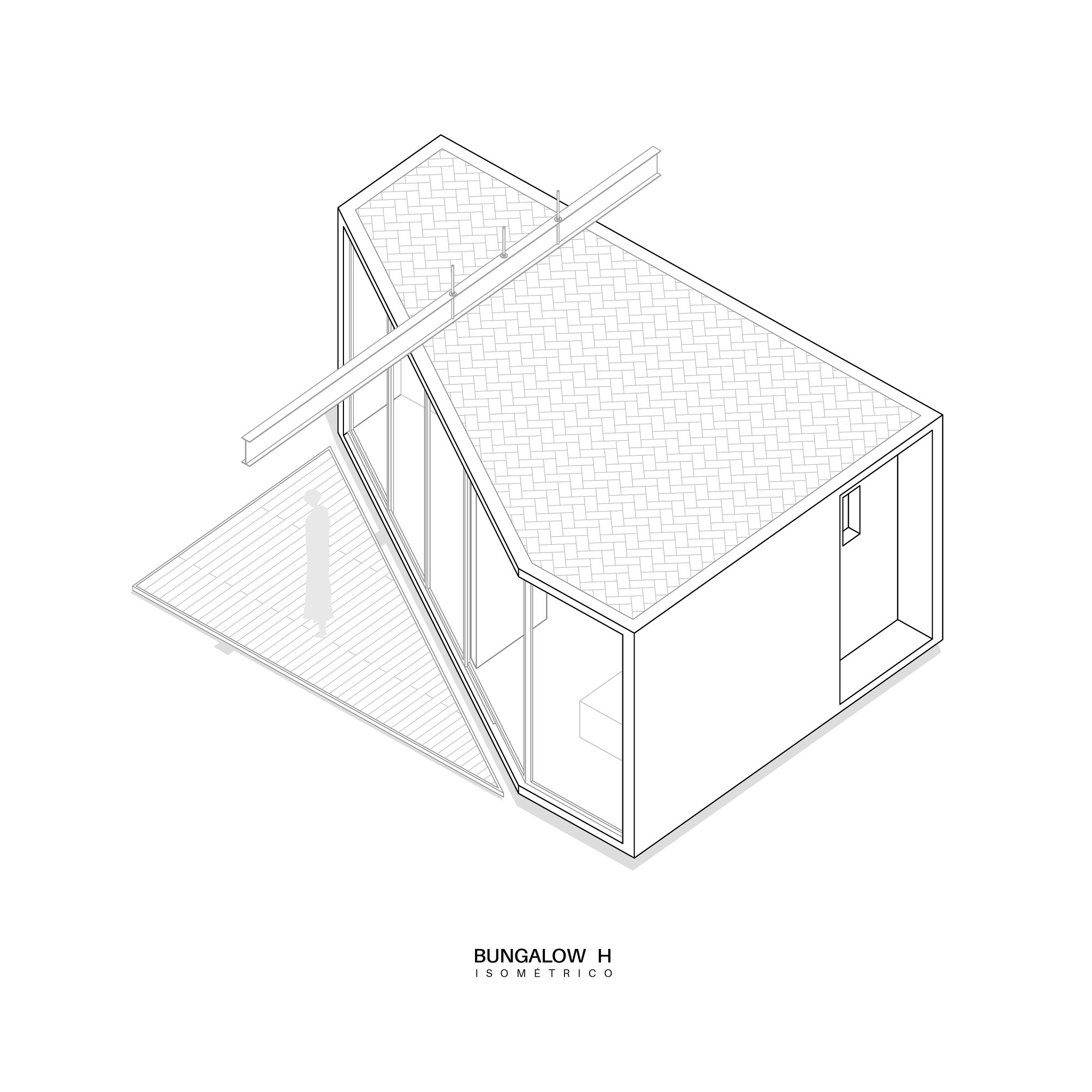 Isometric drawing showing the reverse view with herringbone roof pattern and glass wall openings