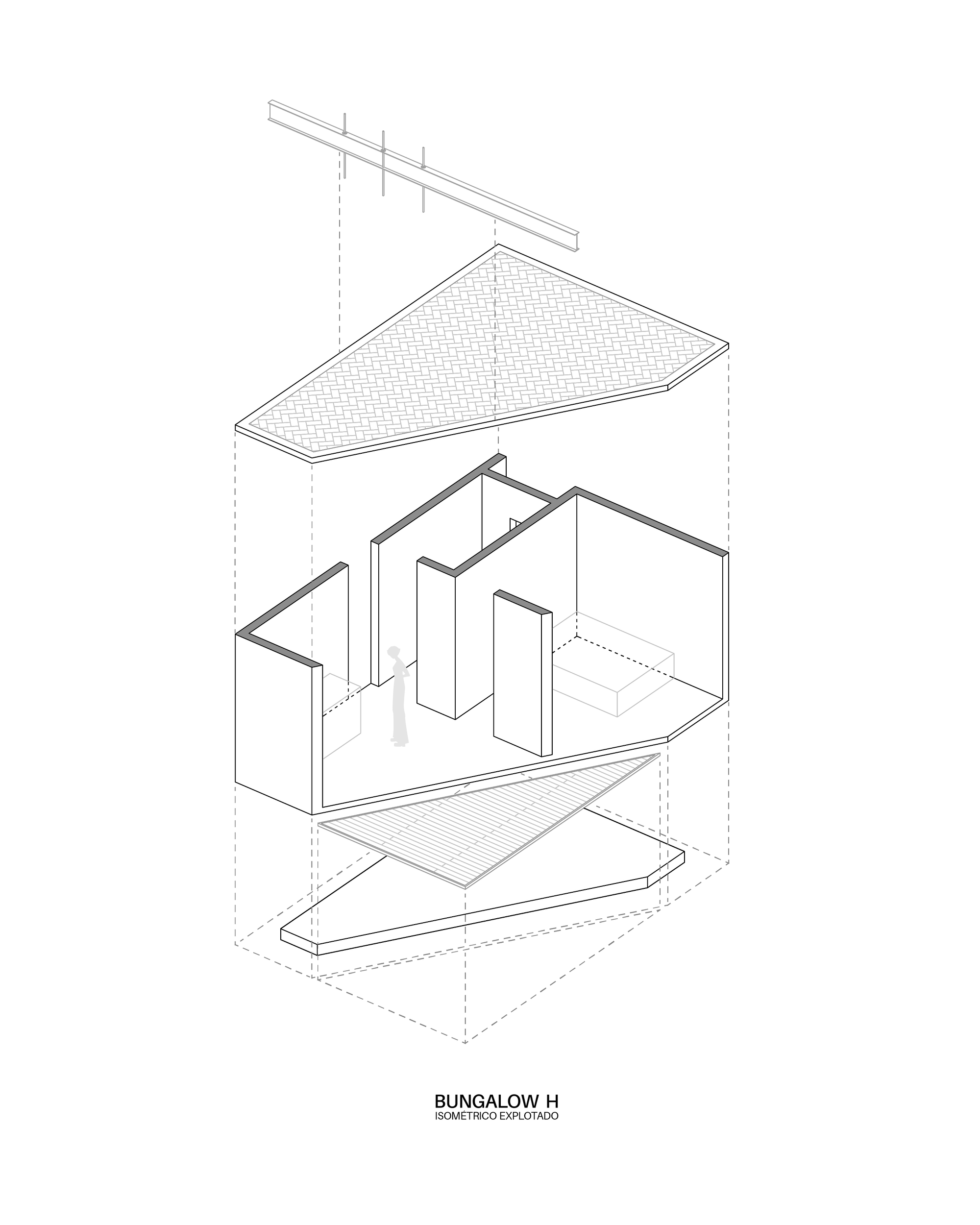 Exploded isometric drawing showing roof, interior walls, deck, and foundation layers separated vertically