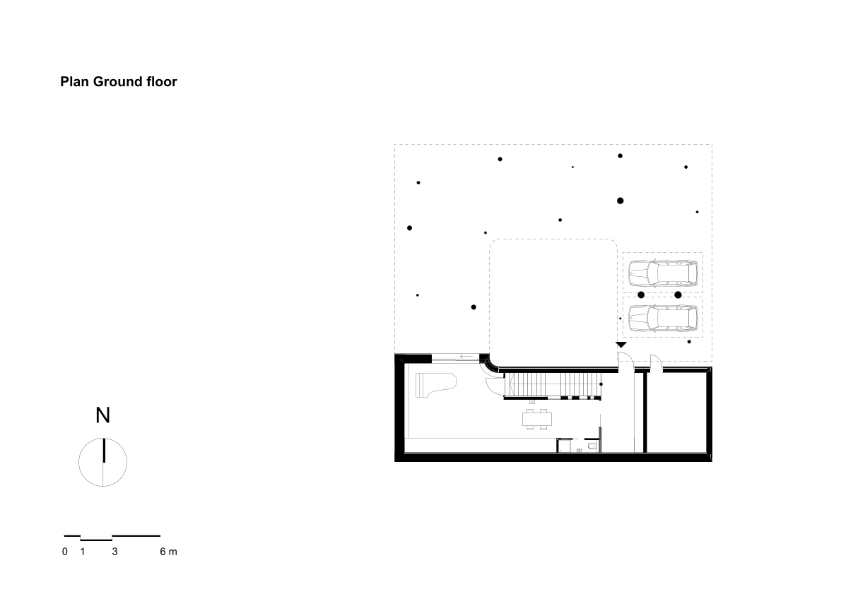 Ground floor plan drawing showing carport and stair with orientation marker