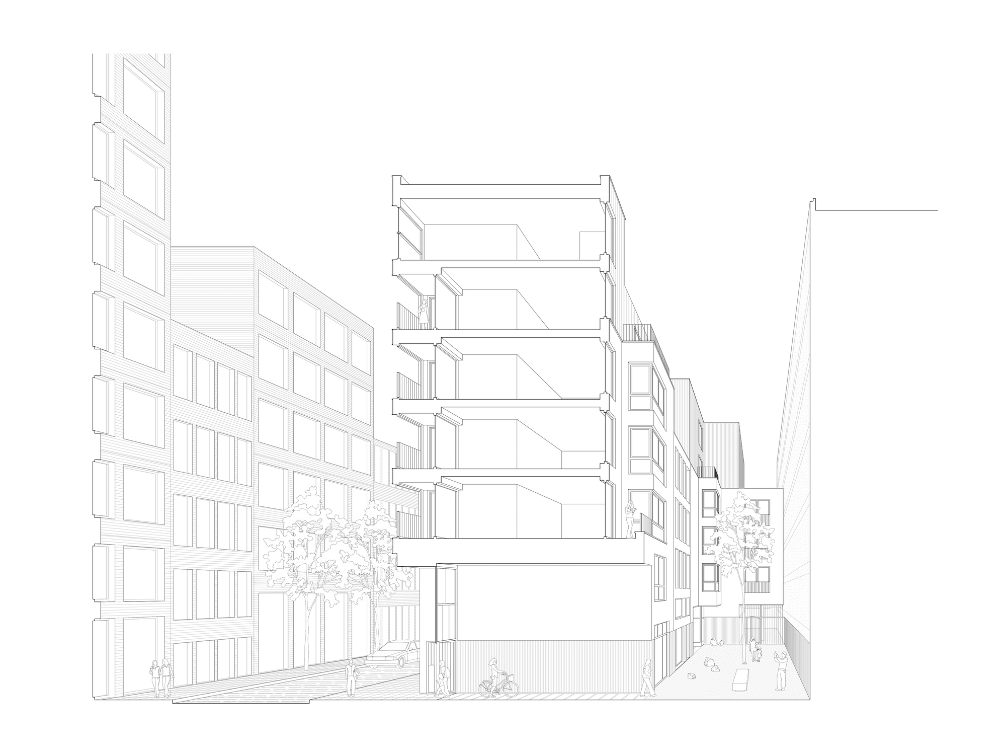 Elevation drawing showing multi-story residential building with balconies and street trees