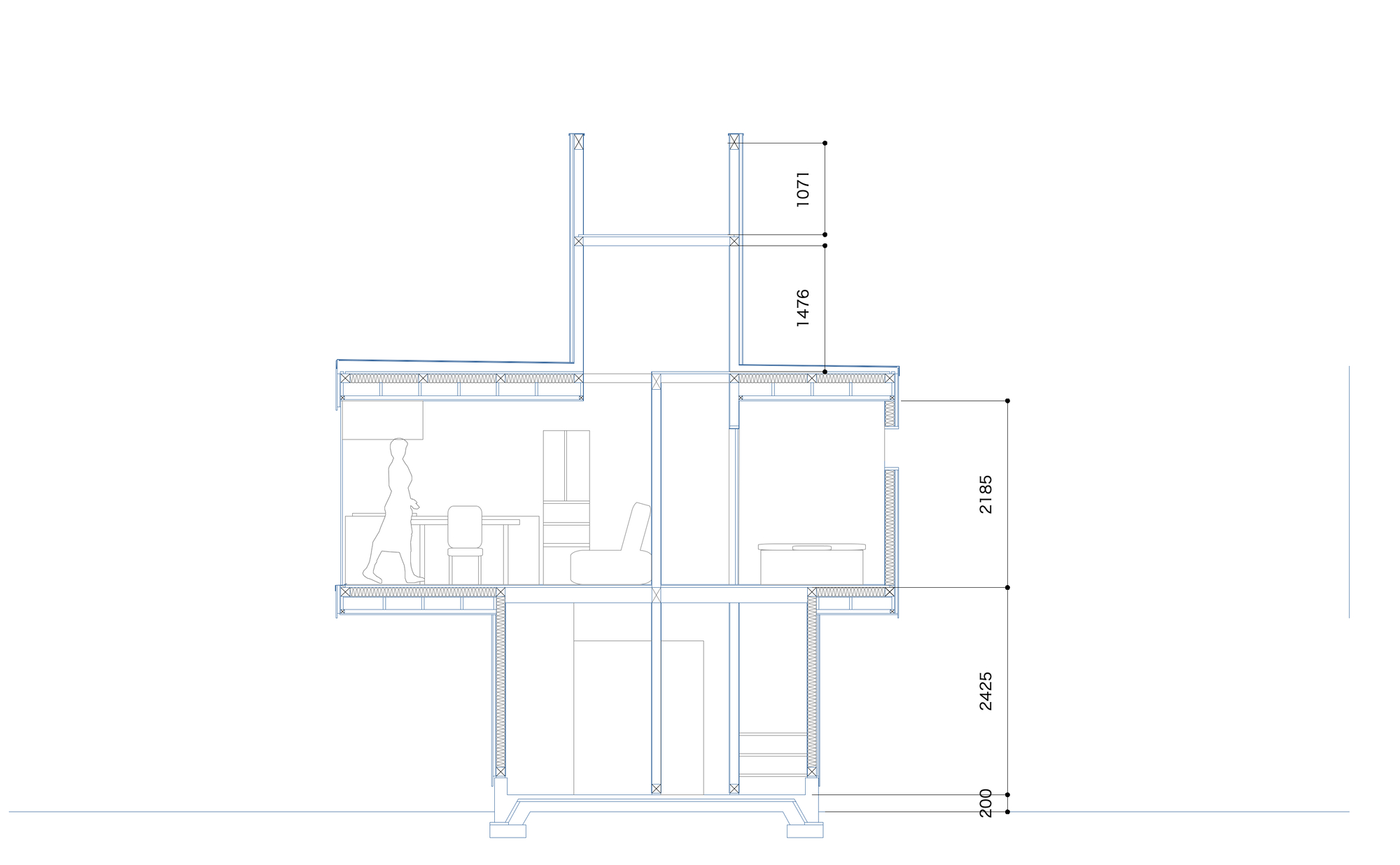 Section drawing showing staggered floor levels with interior volumes and a standing figure for scale