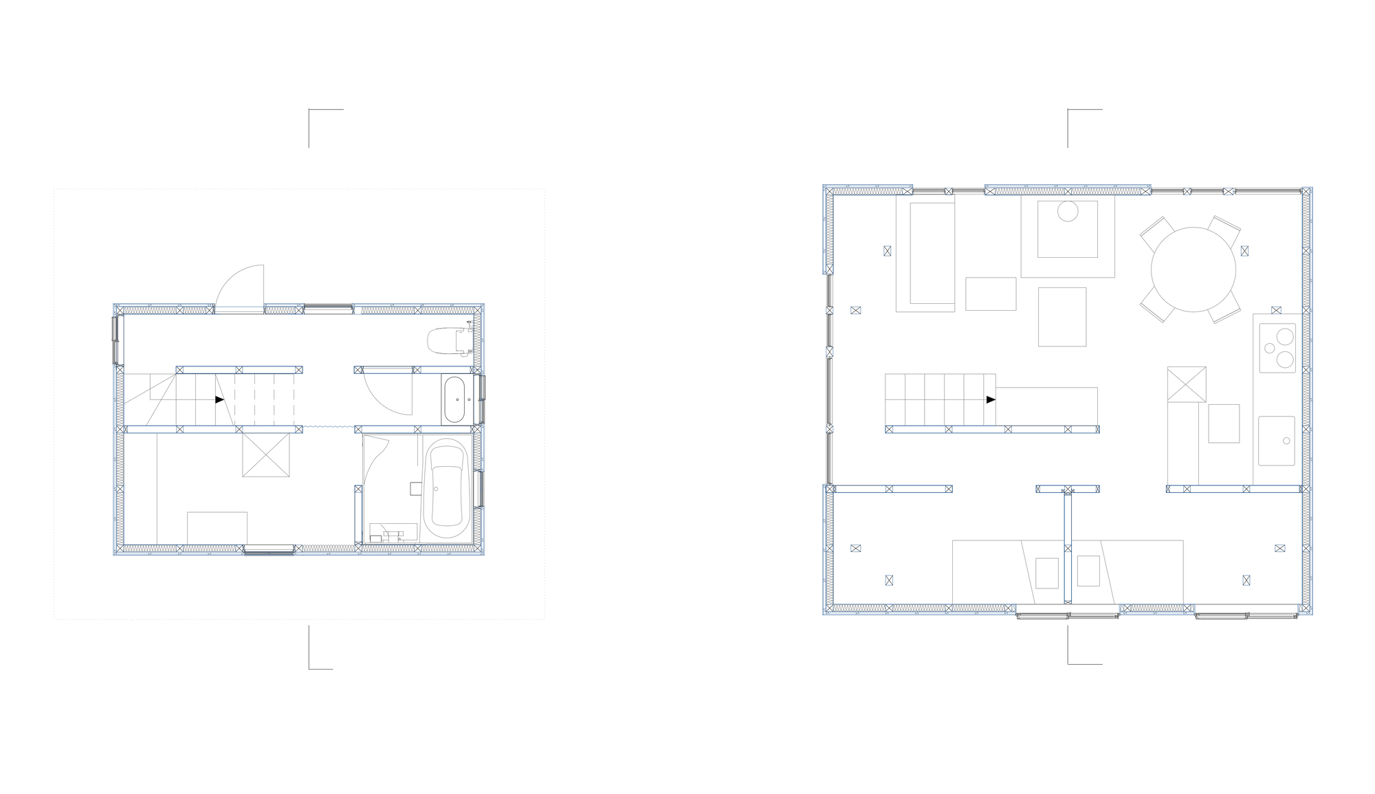 Floor plan drawing depicting two separate volumes with bedrooms, bathrooms, and open living spaces